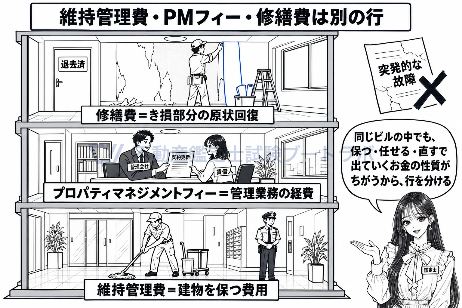 維持管理費の図解:同じビルの一日。ロビーの清掃と警備は維持管理費、管理室のテナント対応はPMフィー、空室の原状回復は修繕費。