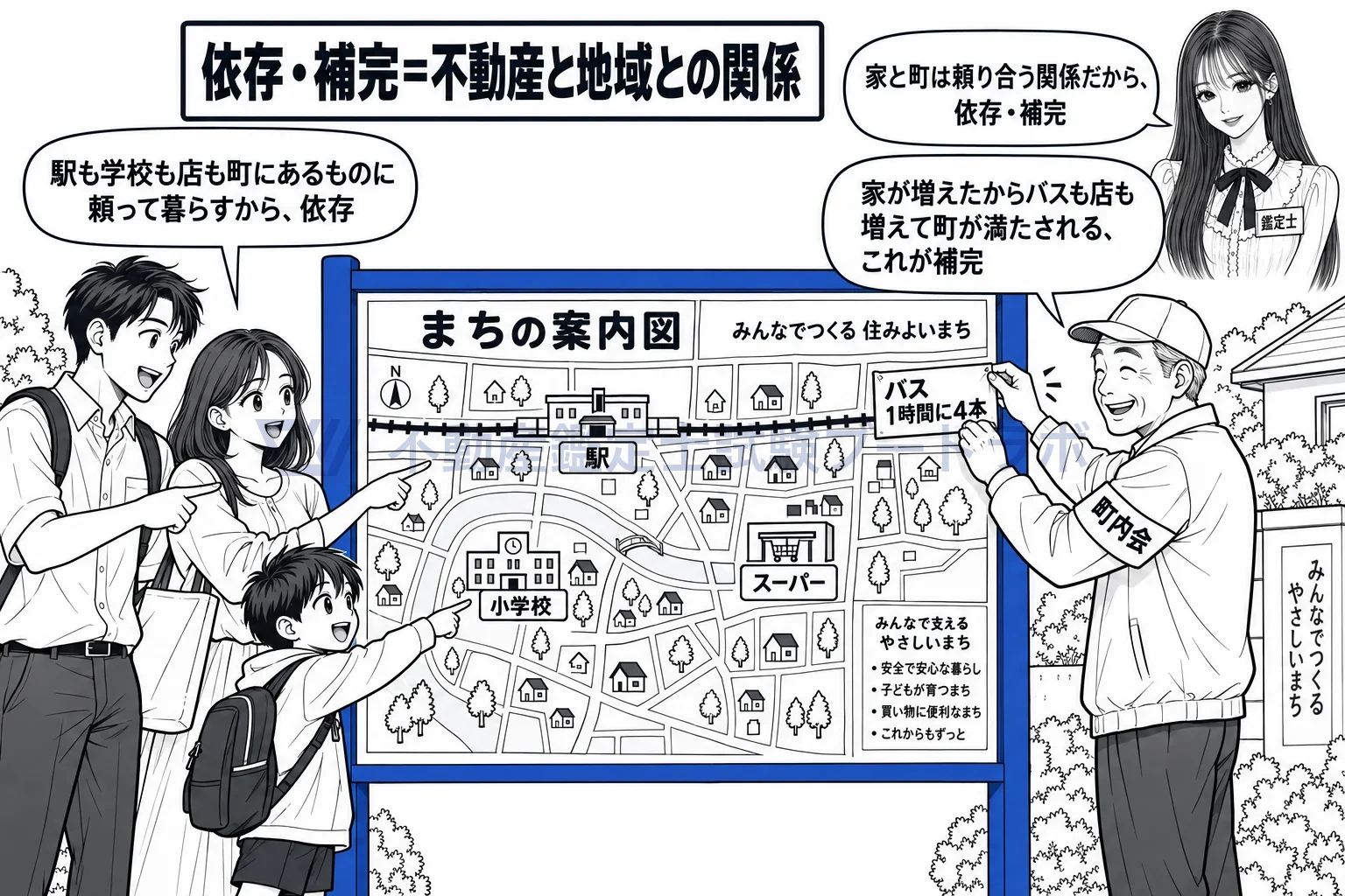 依存・補完の図解:家は町にあるものに頼り、町は家々が集まって満たされる。