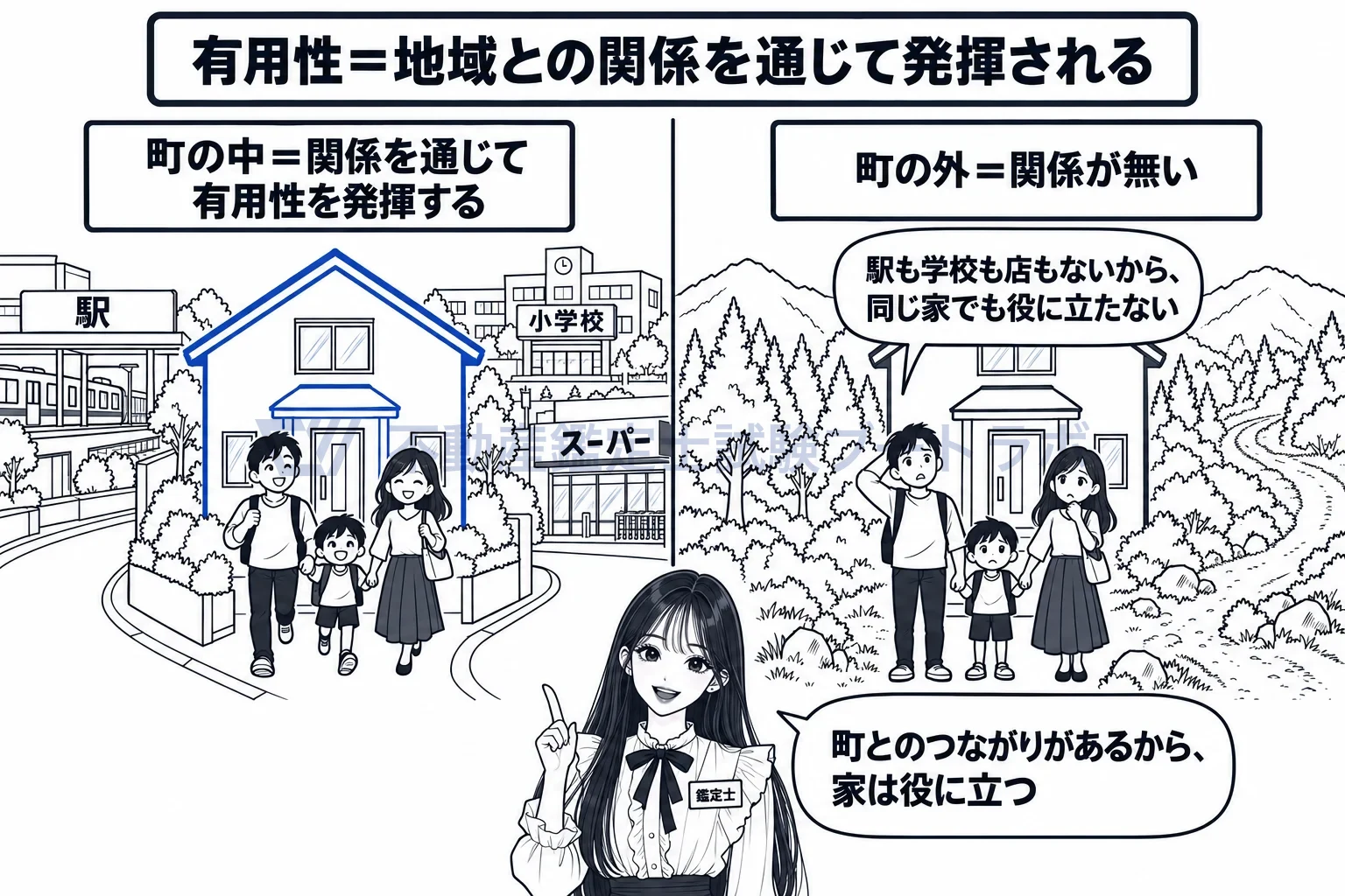 依存・補完の図解:同じ家でも、町から切り離せば役立ち方の大部分が失われる。