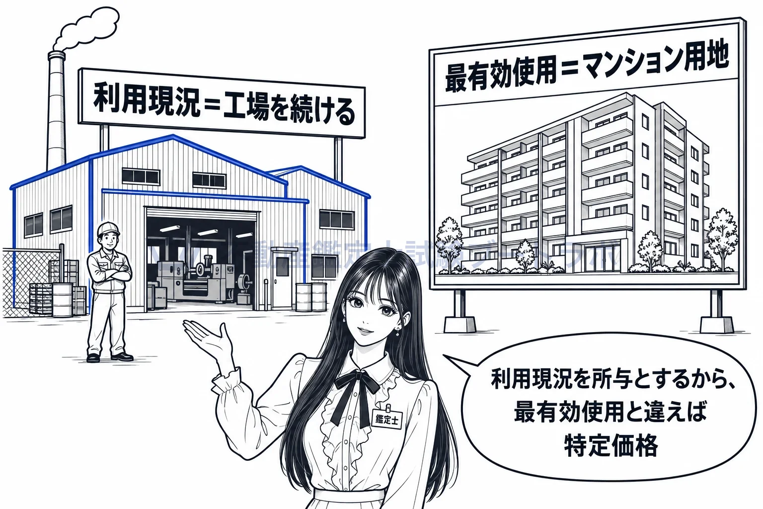 事業の継続を前提とした価格の図解:利用現況を所与とするから、最有効使用と違えば特定価格。