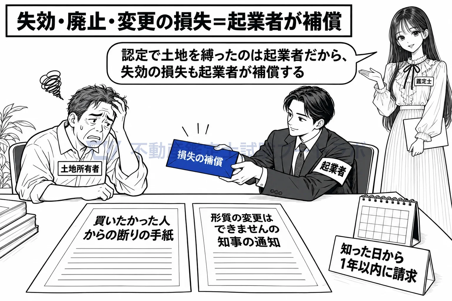 事業の認定の失効の図解:認定で土地を縛ったのは起業者だから、失効の損失も起業者が補償する。