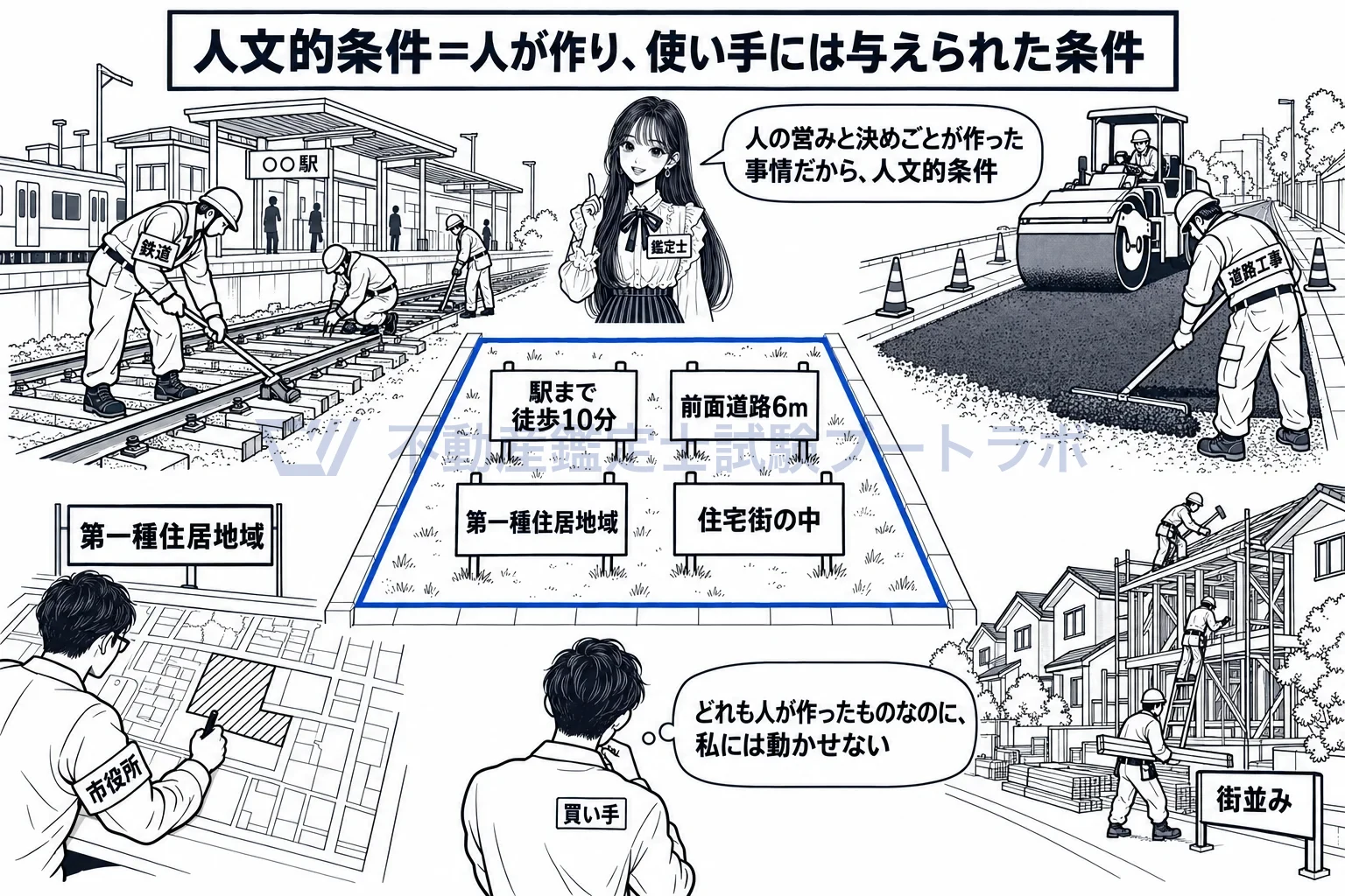 人文的条件の図解：駅も道路も用途地域も人が作った事情で、この土地には与えられた条件として働く。