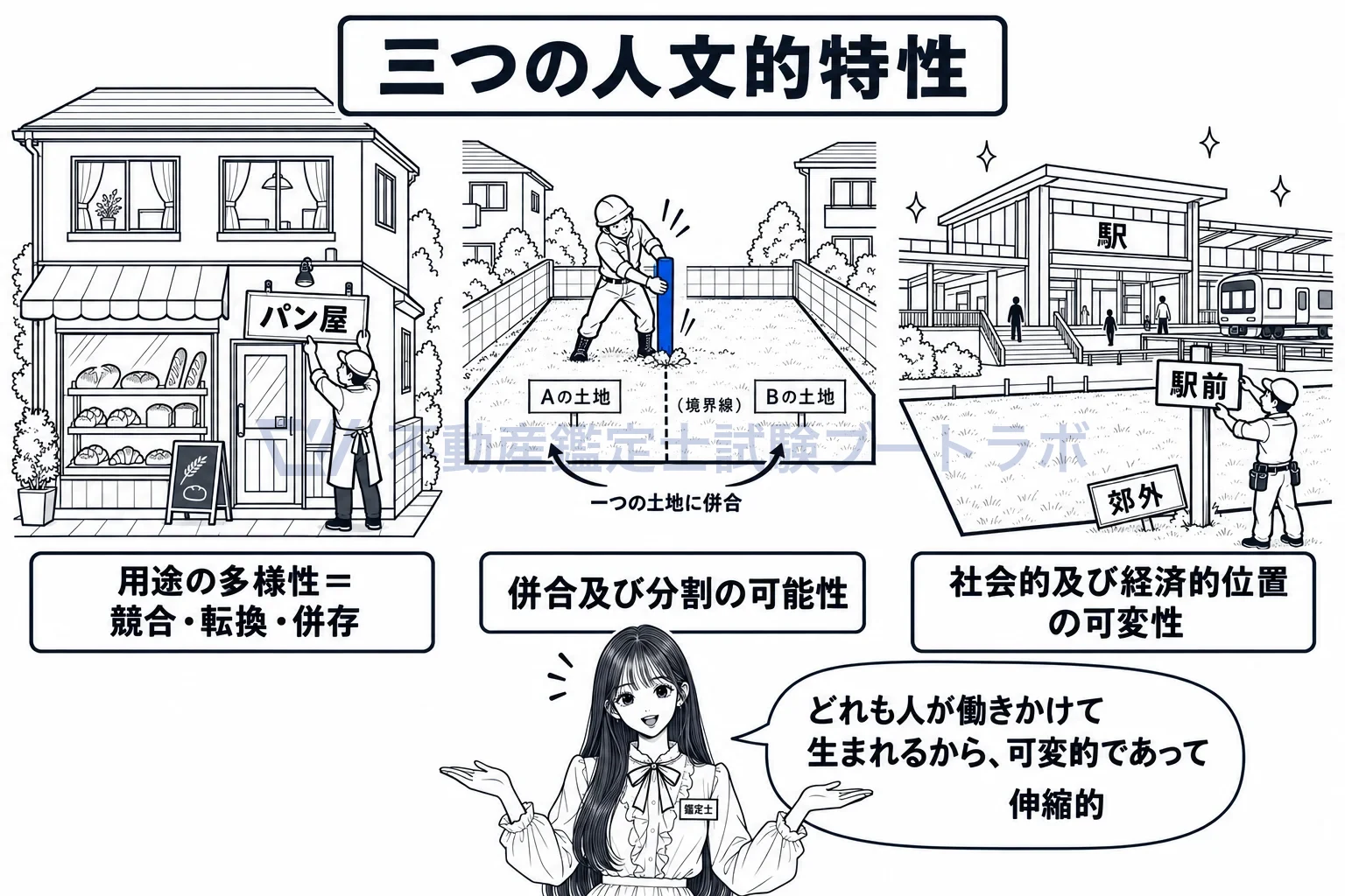 人文的特性の図解：用途を決める、線を引く、街を作る。三つとも人の働きかけ。