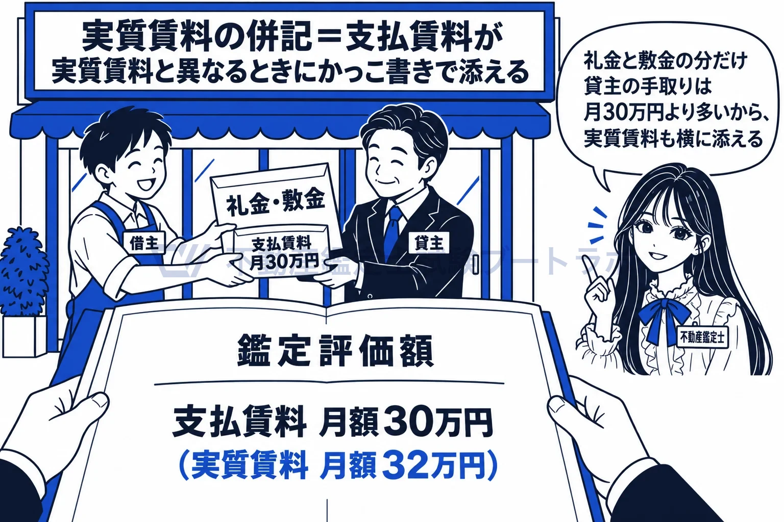 実質賃料の併記の図解:月々の支払賃料の横に、一時金の分まで含めた実質賃料を添える。