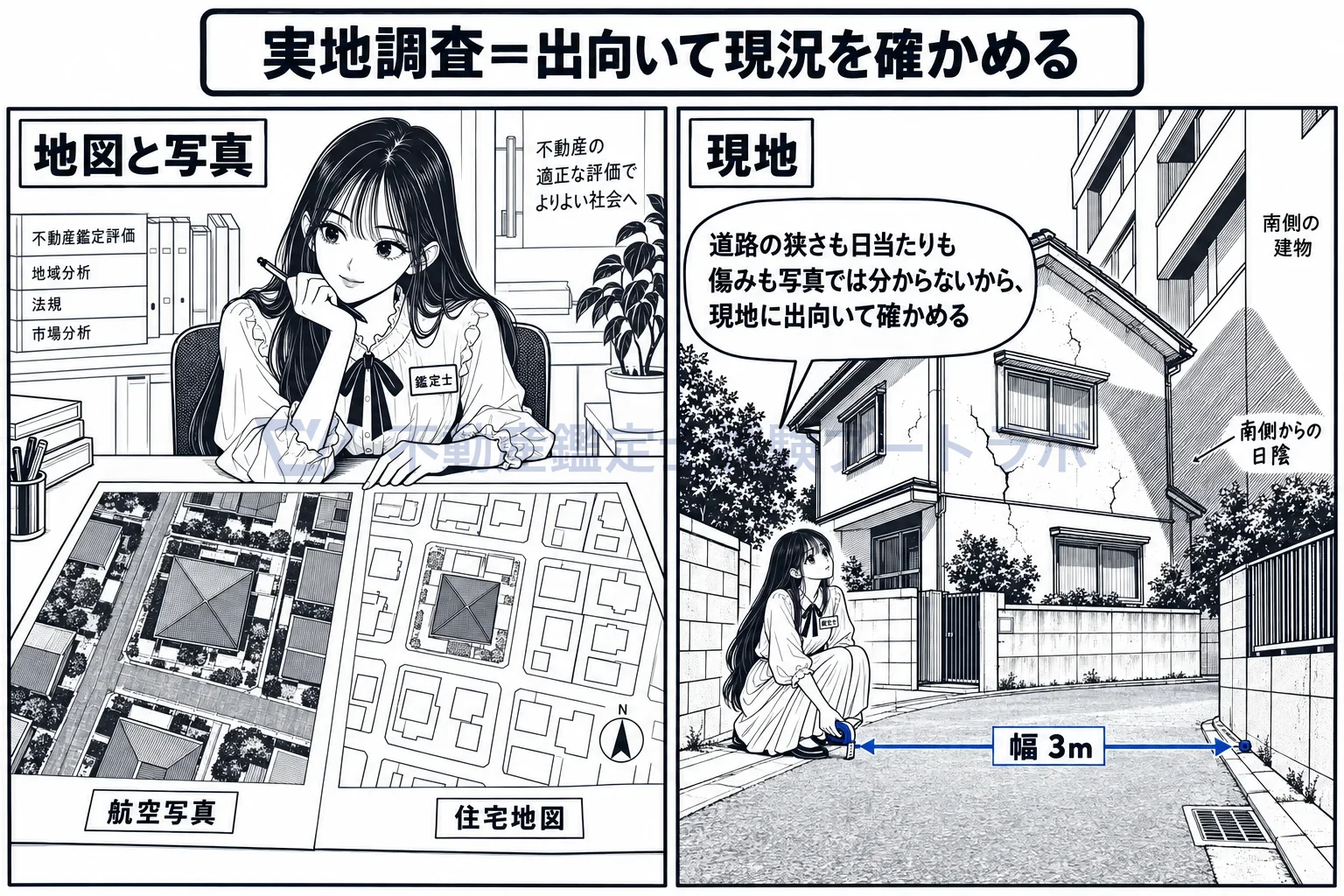 実地調査の図解:地図と写真では分からないことを、現地に行って確かめる。