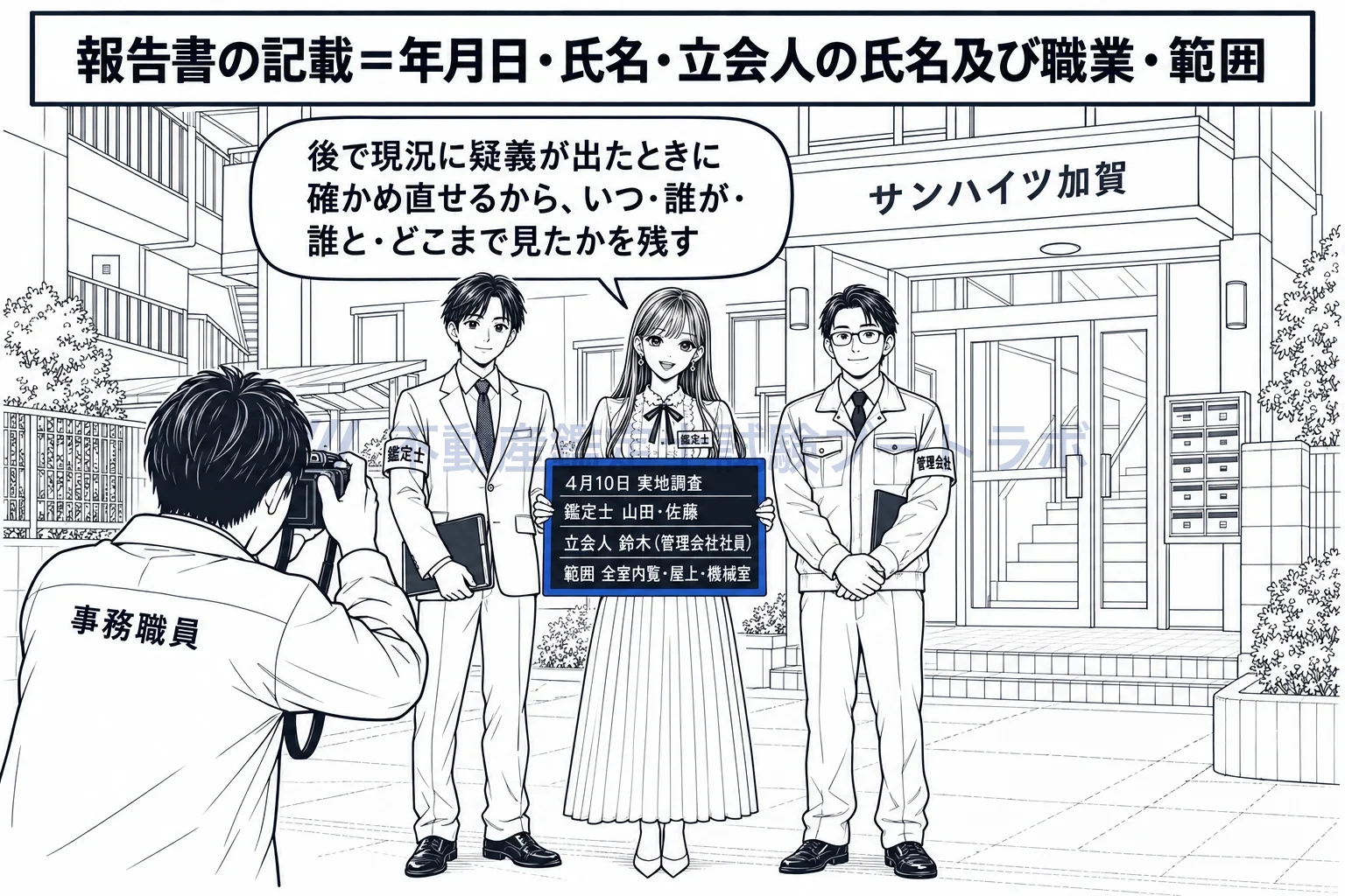 実地調査の図解:工事の写真の黒板のように、いつ・誰が・誰と・どこまで見たかを残す。