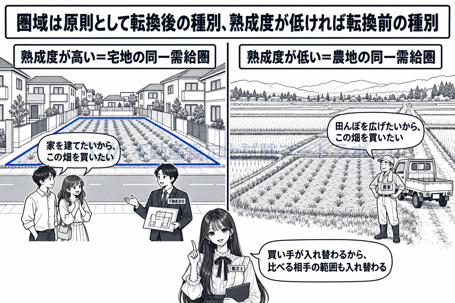 熟成度の図解：熟成度が高い畑には家を建てたい人が、低い畑には農家が買いに来る。