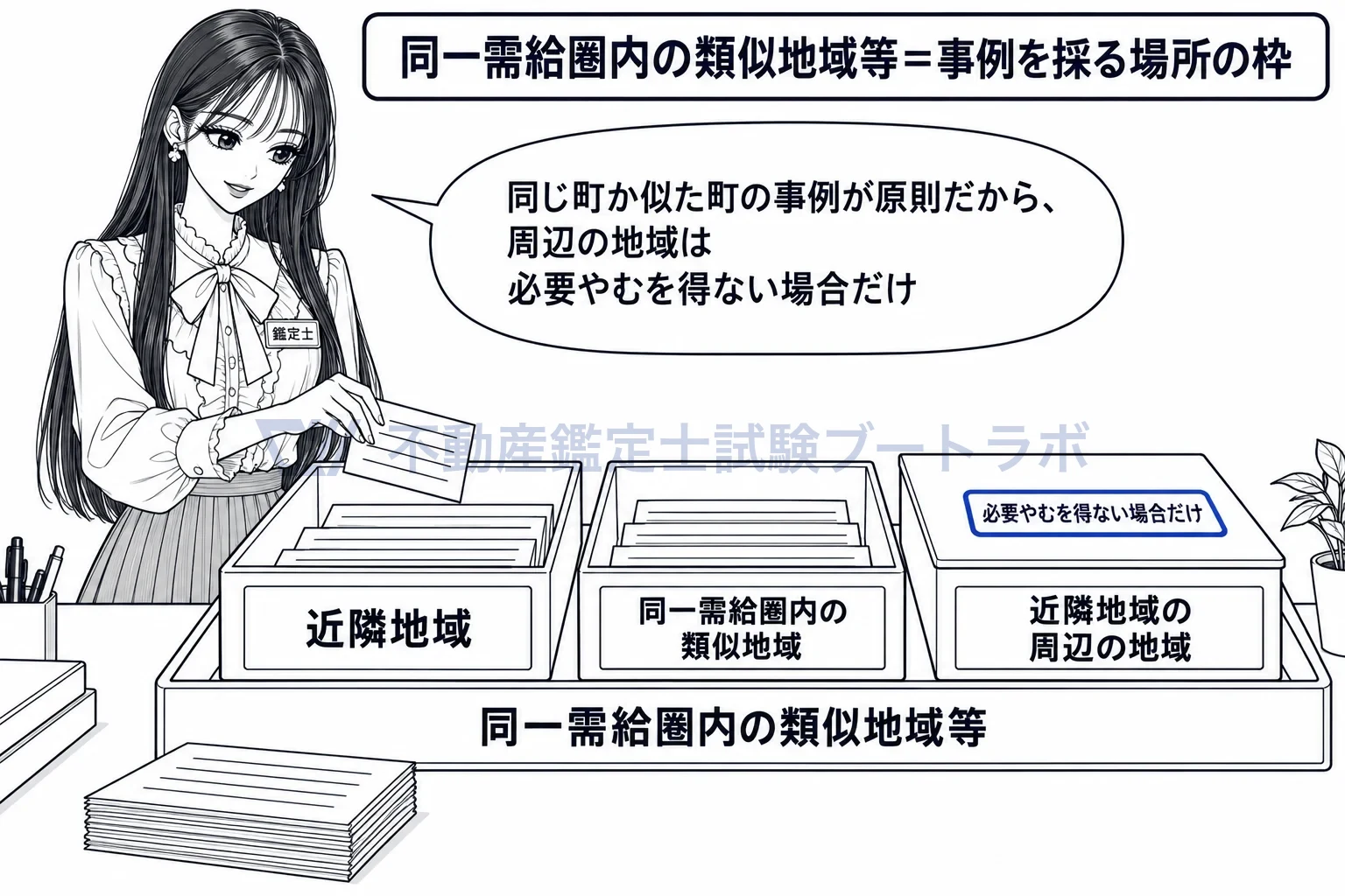 同一需給圏内の類似地域等の図解:事例カードを所在地で仕分ける。周辺の地域のトレーは必要やむを得ない場合だけ。