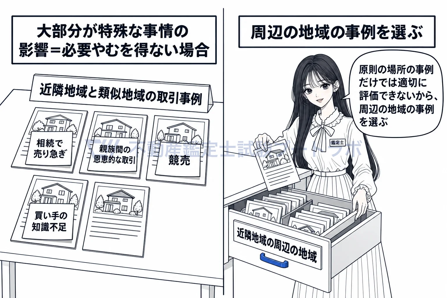 同一需給圏内の類似地域等の図解:原則の場所の事例の大部分が特殊な事情なら、周辺の地域の引き出しを開ける。