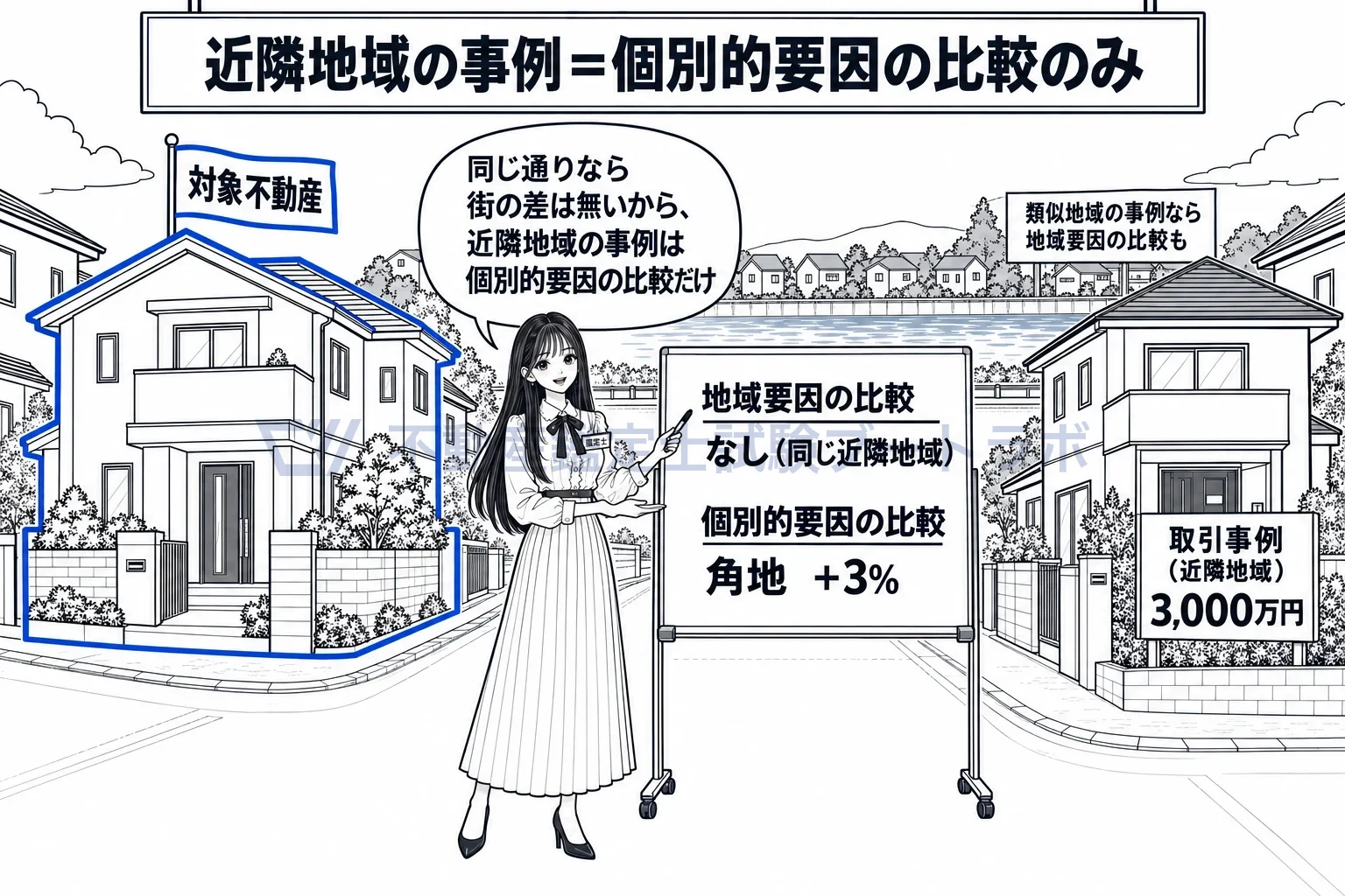 同一需給圏内の類似地域等の図解:同じ通りの事例なら街の差は無い。個別的要因の比較だけで対象の価格に直す。