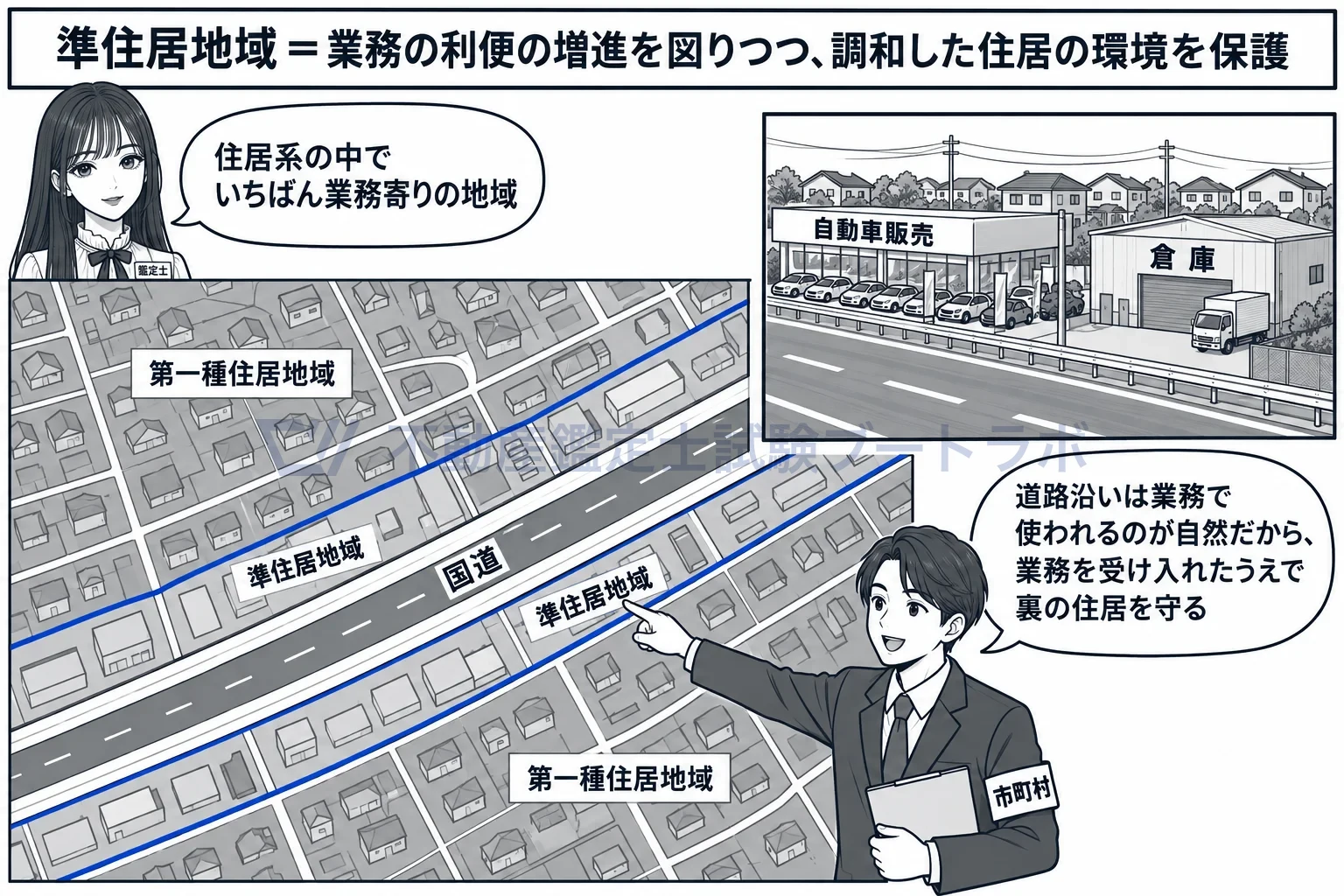 準住居地域の図解：幹線道路沿いに業務を受け入れ、その裏の住居を守る。