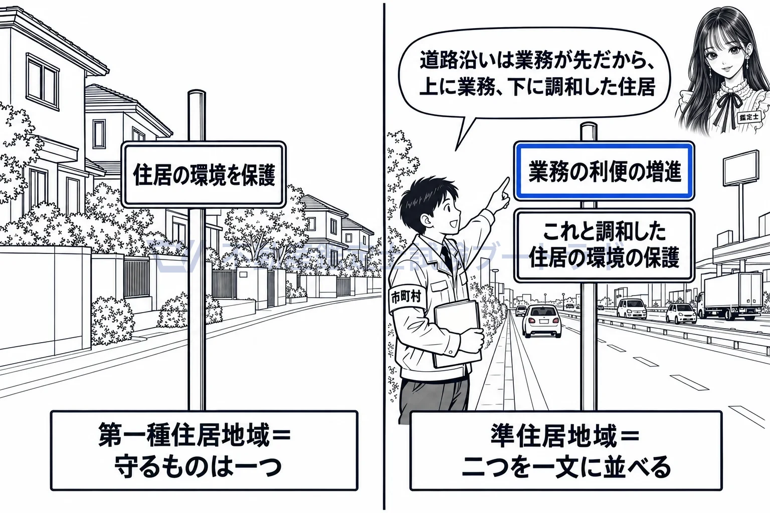準住居地域の図解：ほかの地域は守るものが一つ、準住居地域は業務と住居の二つ。