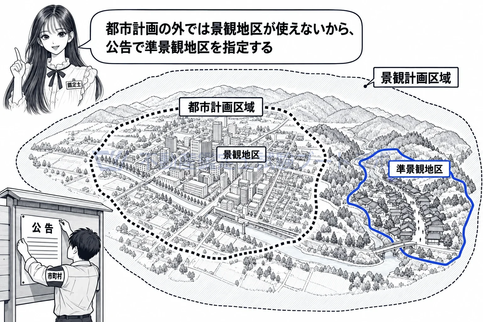 準景観地区の図解:都市計画の外では景観地区が使えないから、公告で準景観地区を指定する。