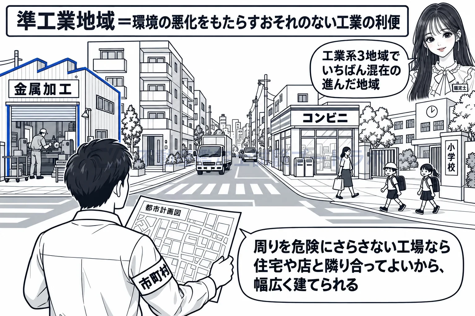 準工業地域の図解:町工場とマンションと店が隣り合う、いちばん混在の進んだ地域。