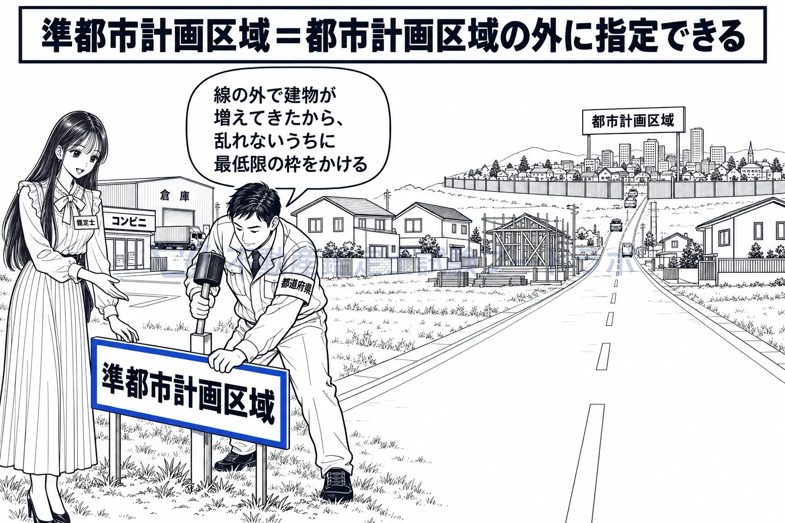 準都市計画区域の図解:都市計画区域の外で建物が増え始めた場所に、都道府県が最低限の枠をかける。