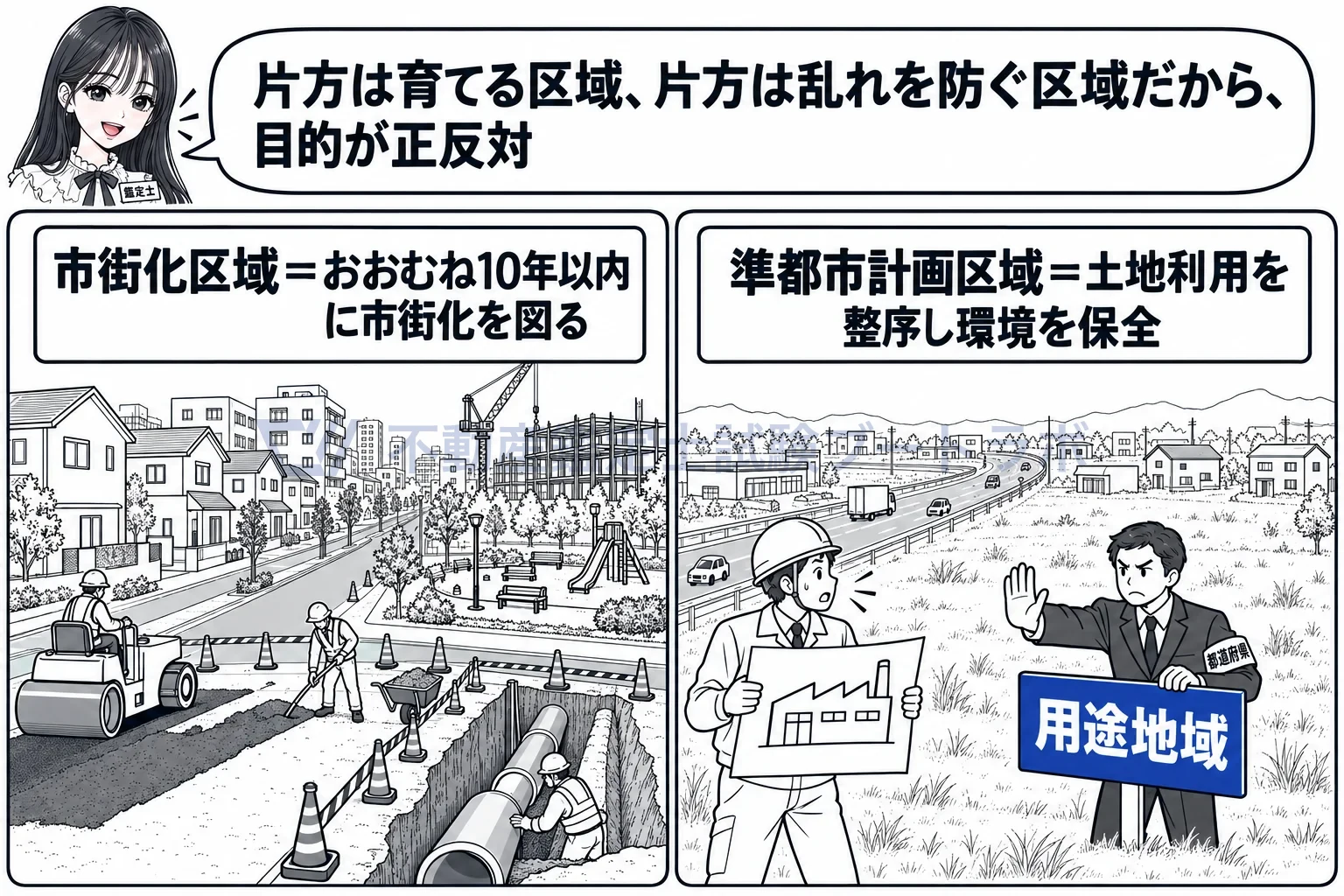 準都市計画区域の図解:育てる市街化区域と、乱れを防ぐ準都市計画区域。目的が正反対。