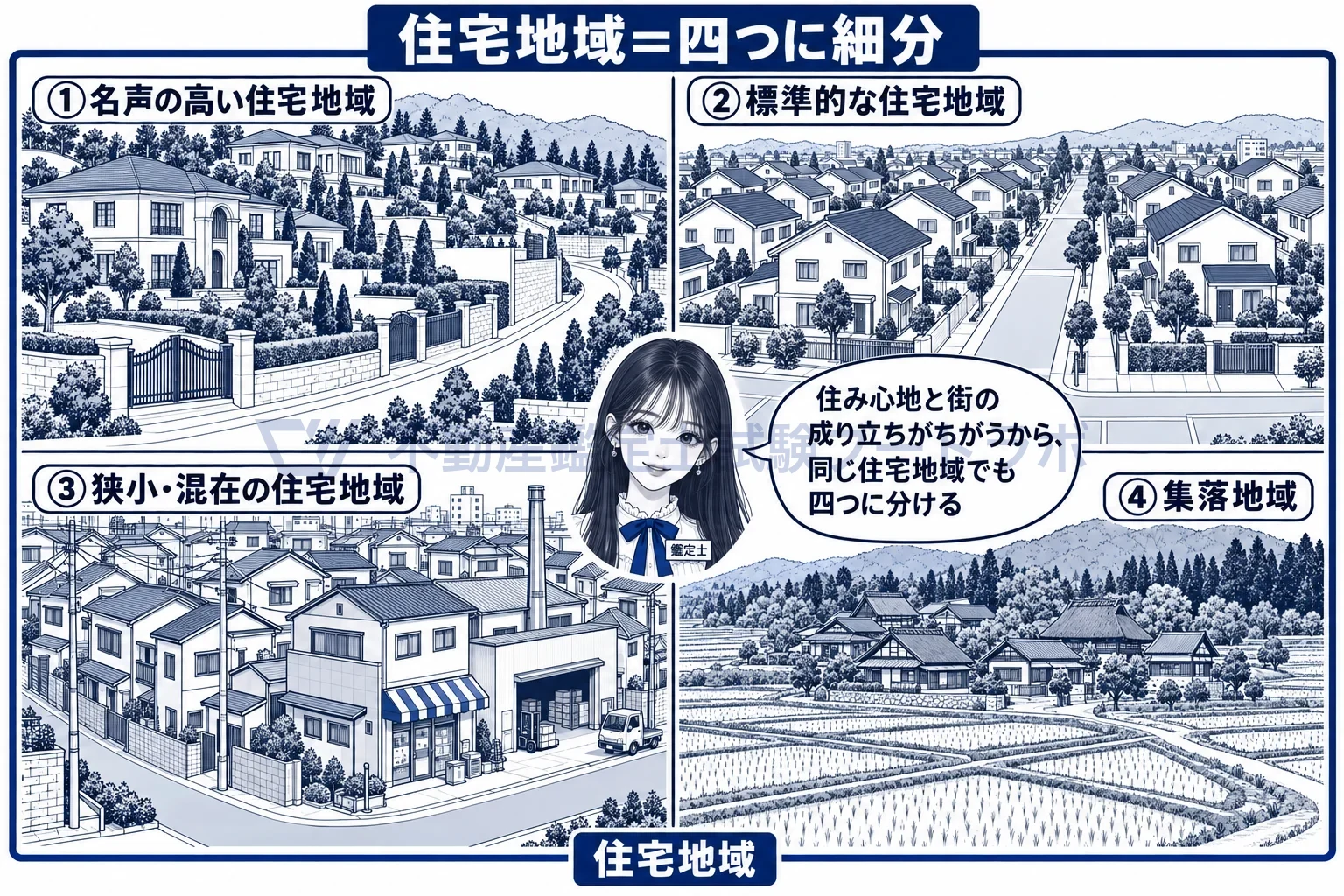 住宅地域の図解：同じ住宅地域でも、住み心地と街の成り立ちで四つに分ける。