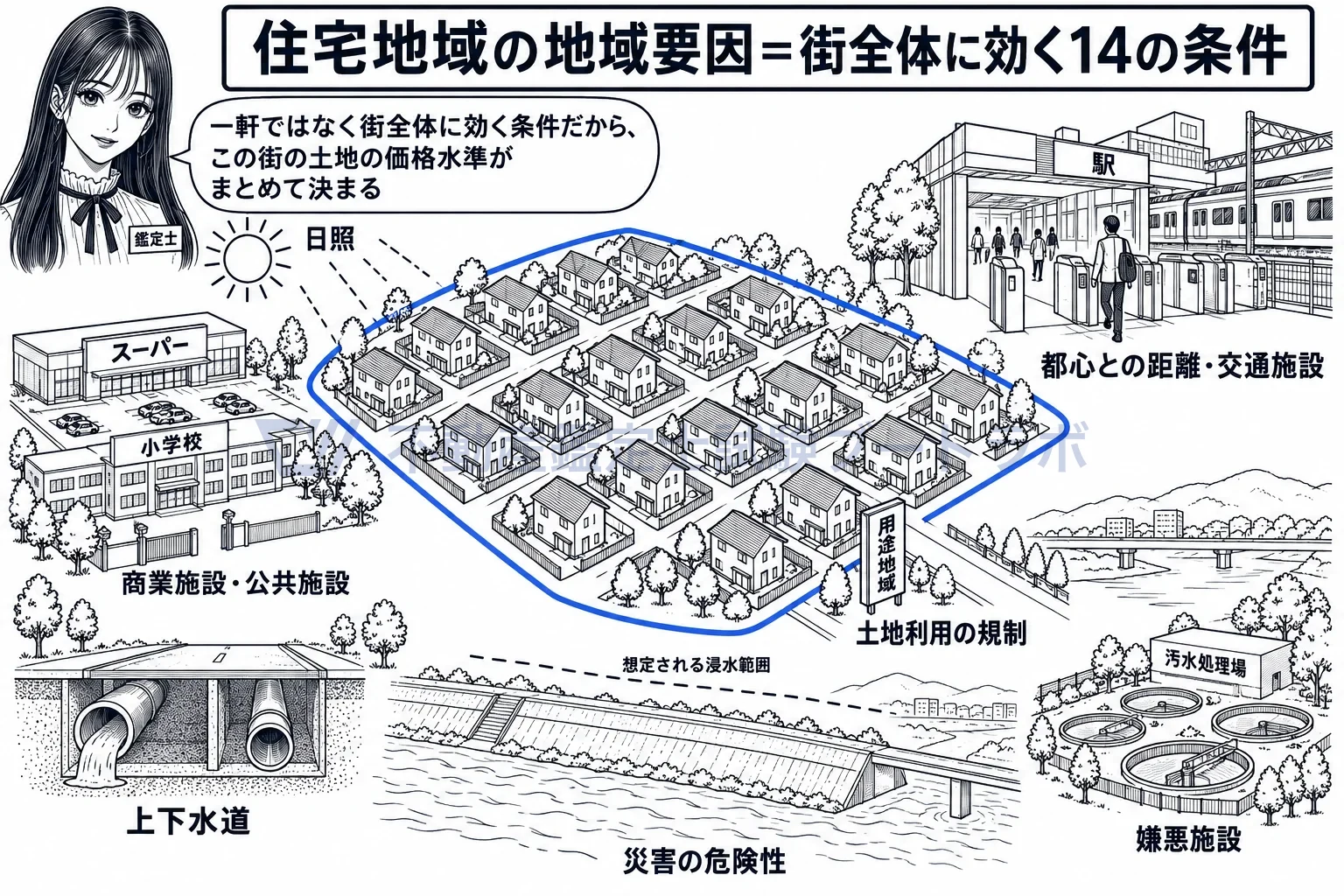 住宅地域の地域要因の図解：日当たり、駅、店、下水道、嫌悪施設、洪水。街全体に効く条件が住宅地の価格水準を決める。
