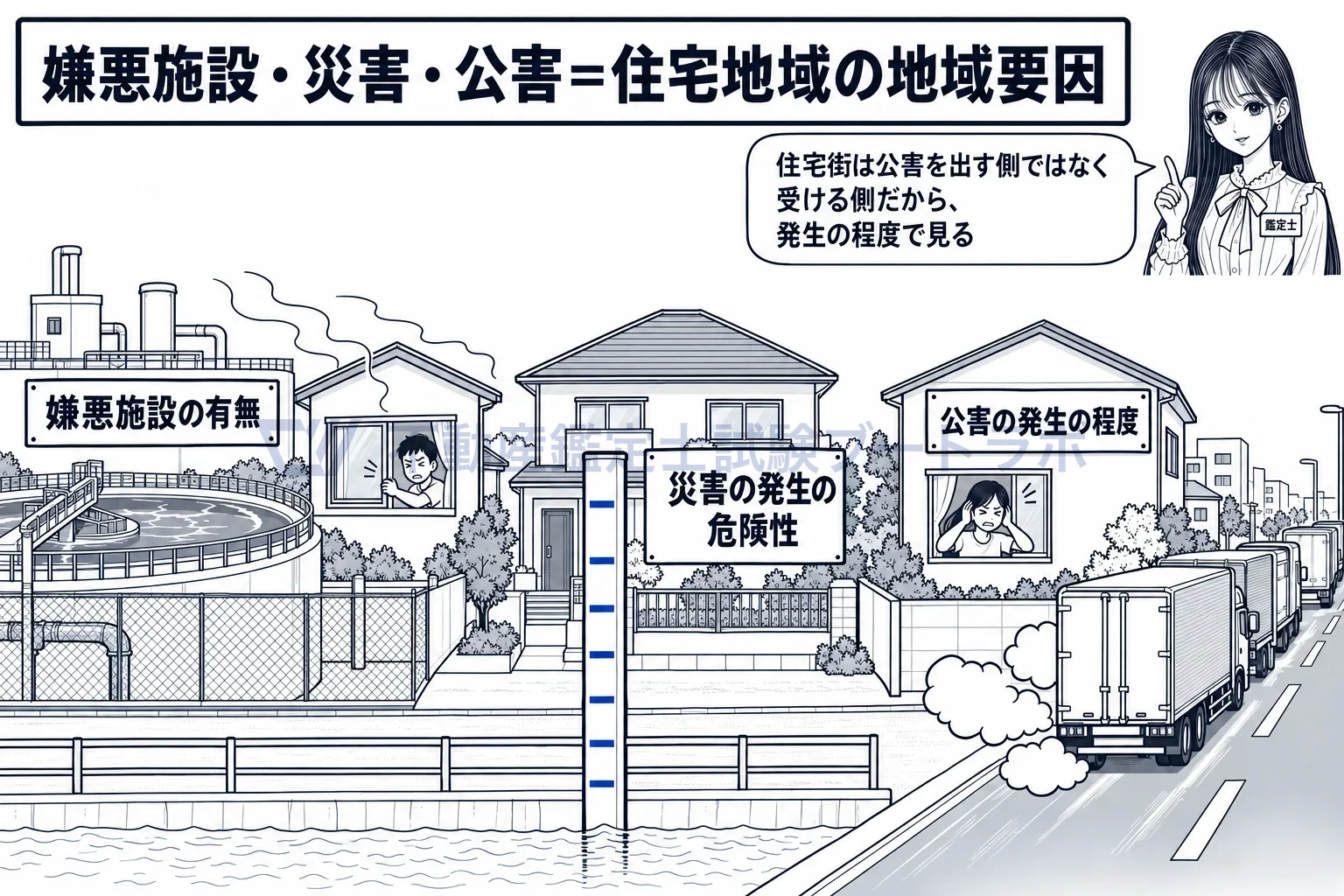 住宅地域の地域要因の図解：汚水処理場、浸水想定、騒音。住宅街は公害を受ける側だから「発生の程度」で見る。