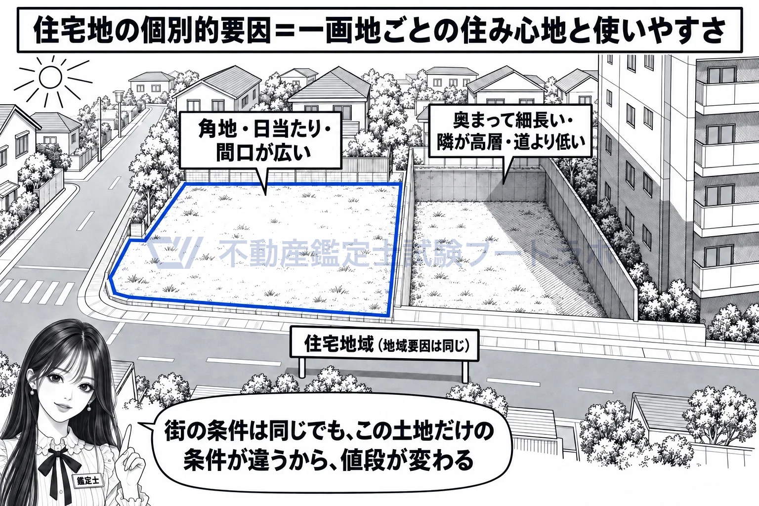 住宅地の個別的要因の図解:街の条件が同じでも、一画地の条件で値段は変わる。