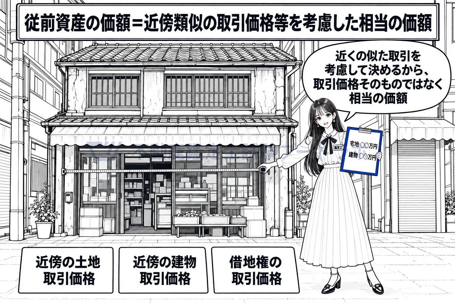 従前資産の価額の図解：近くの取引を手がかりに、今持っている土地と建物の相当の価額を決める。