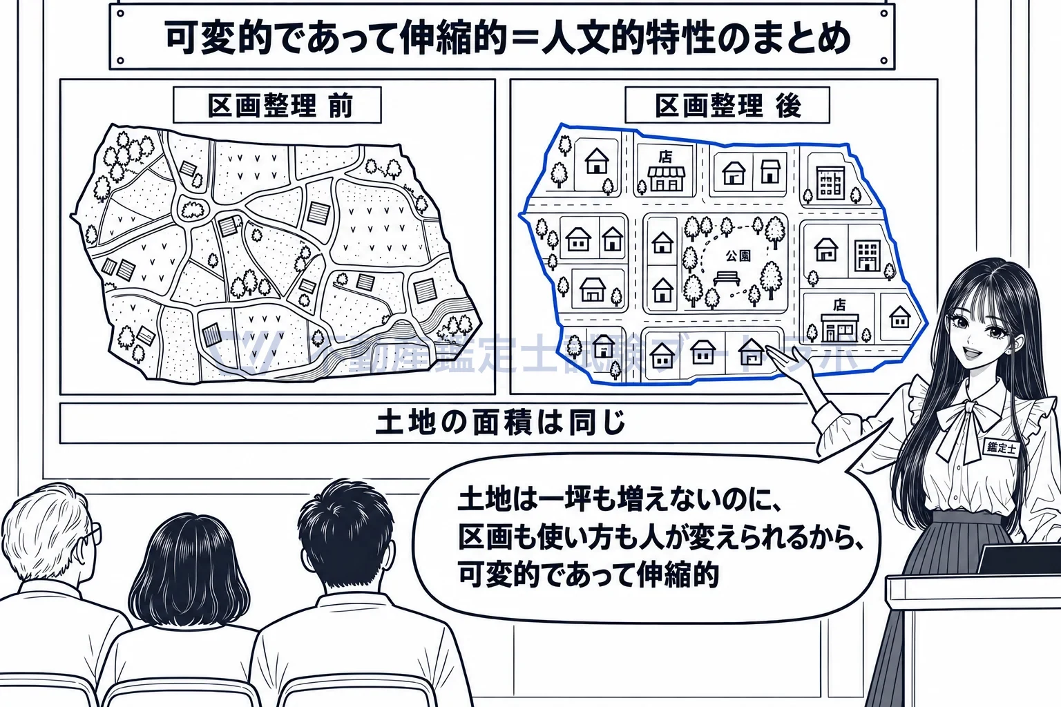 可変的であって伸縮的の図解：土地は一坪も増えないのに、区画も使い方も人が変えられる。