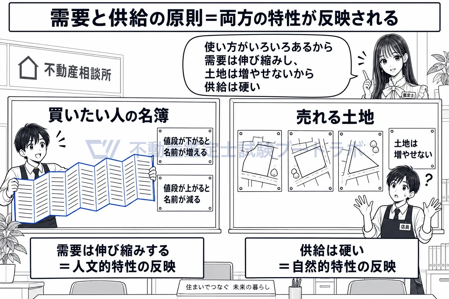 可変的であって伸縮的の図解：需要は価格に応じて伸び縮みするが、供給は硬いまま。