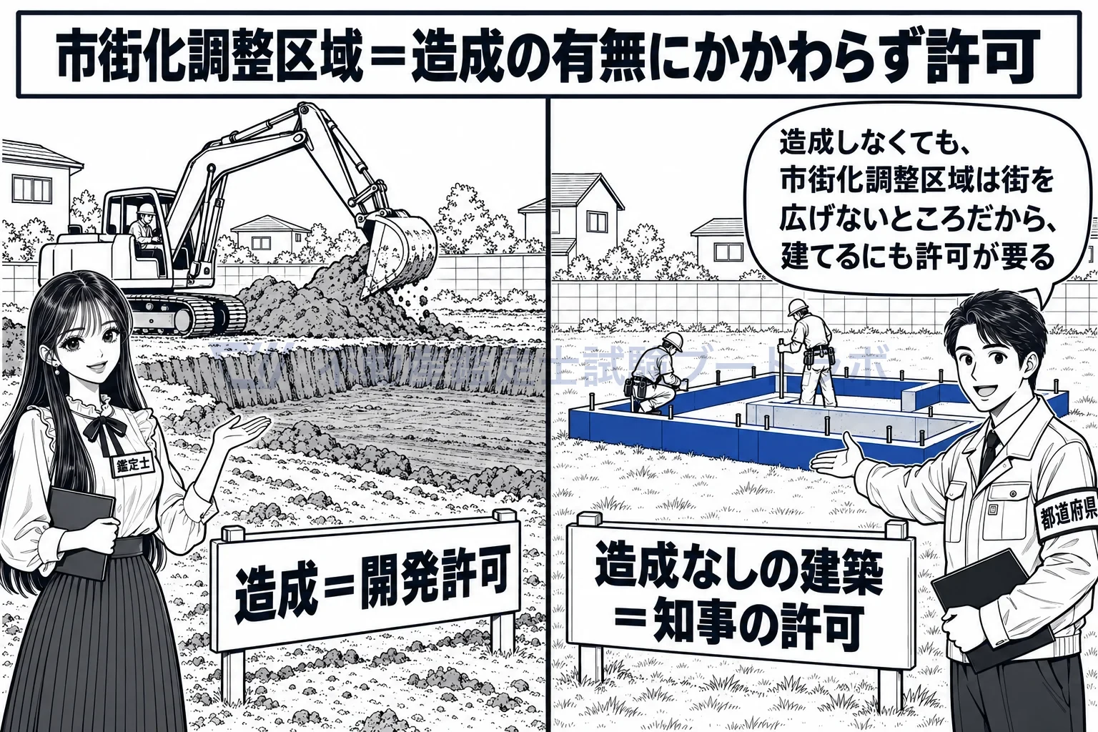 開発許可を受けた土地以外の土地における建築等の制限の図解:造成には開発許可、造成なしの建築にも知事の許可。