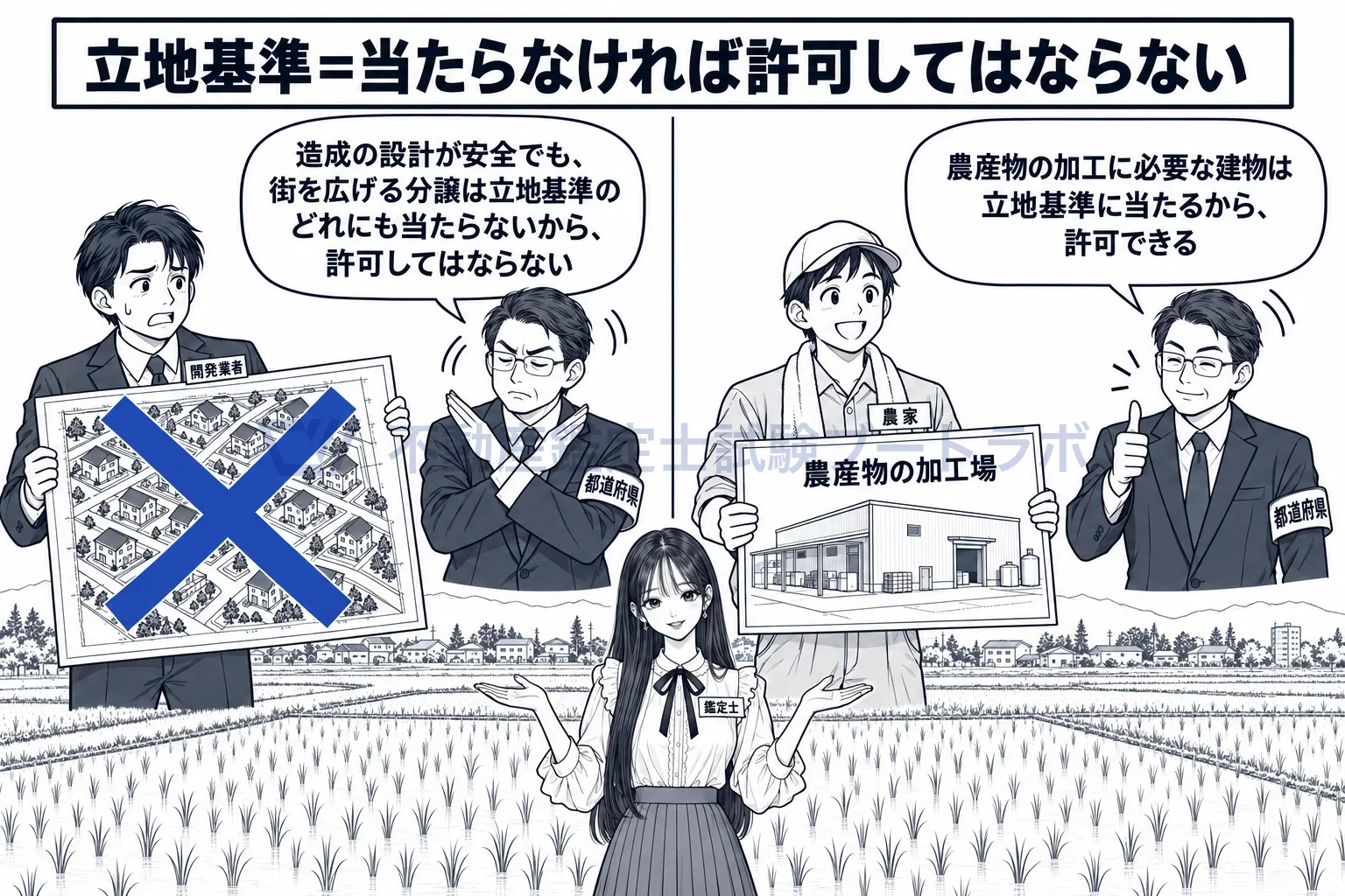 開発許可の基準の図解:分譲住宅は立地基準に当たらないから許可できず、農産物の加工場なら許可できる。