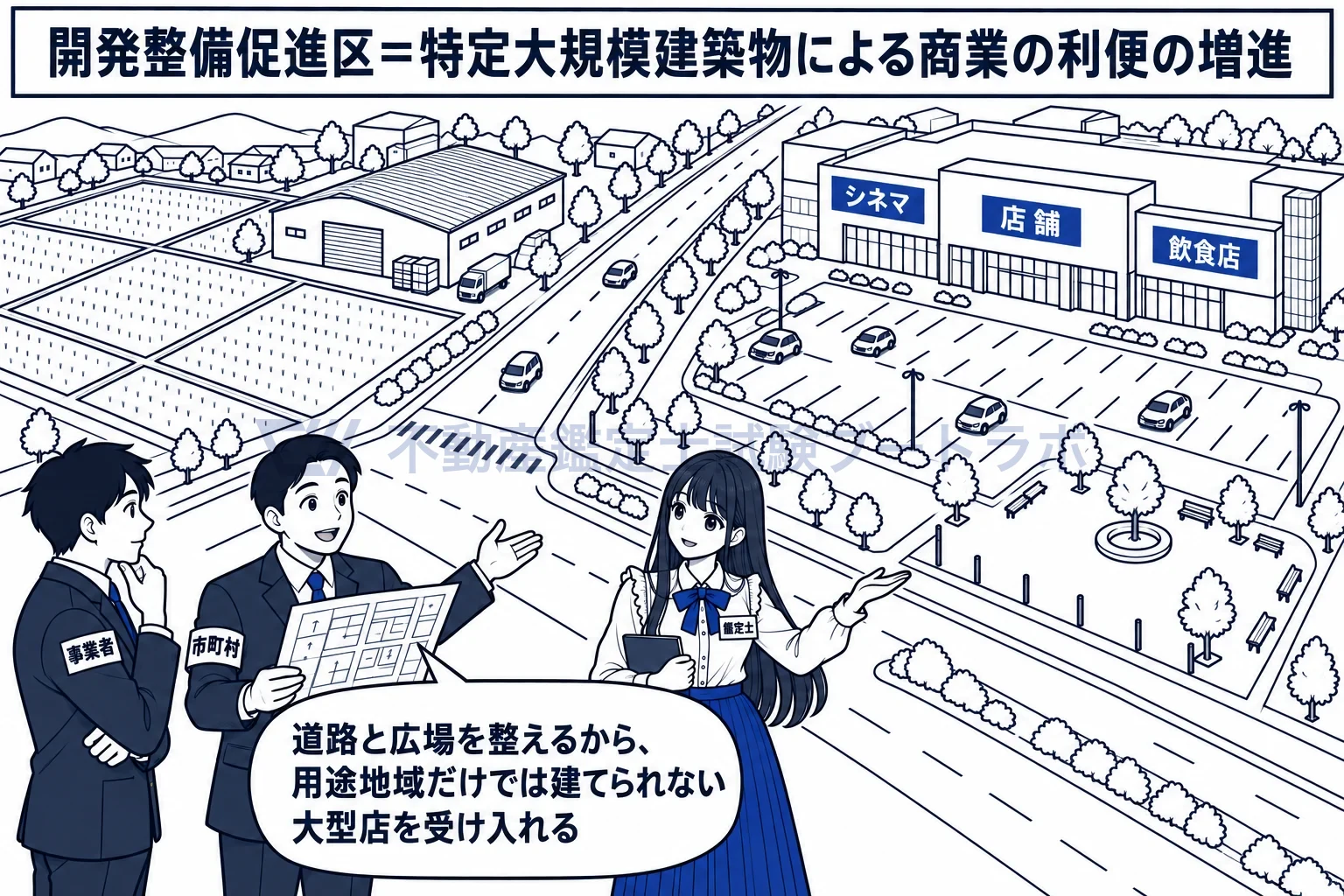開発整備促進区の図解:道路と広場を整えながら、郊外に大型の集客施設を受け入れる。