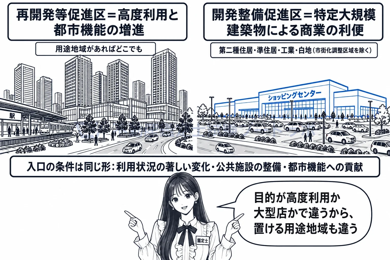 開発整備促進区の図解:高く使う再開発等促進区と、大型店を受け入れる開発整備促進区。