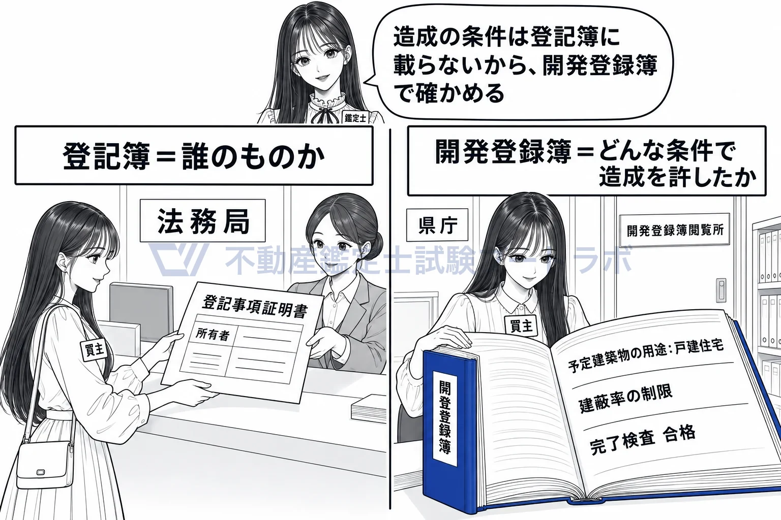 開発登録簿の図解：登記簿は誰のものか、開発登録簿はどんな条件で造成を許したか。