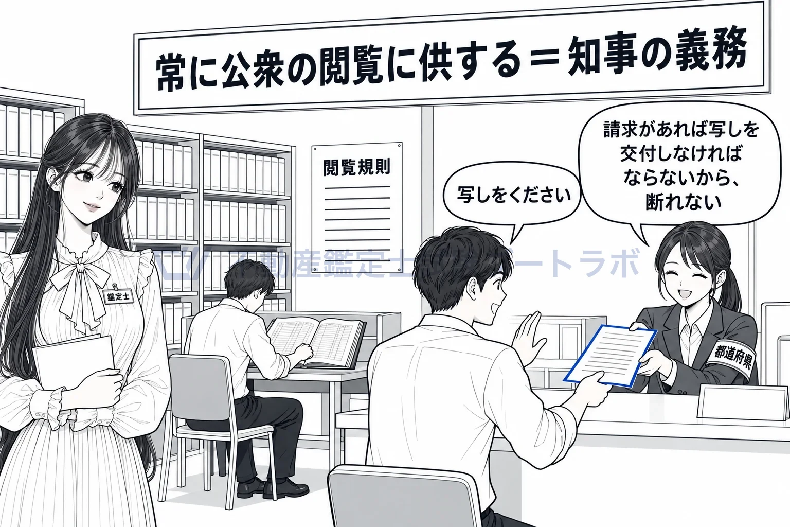 開発登録簿の図解：閲覧所で誰でも見られ、頼めば写しももらえる。