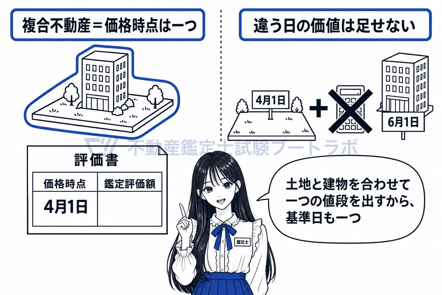 価格時点の図解：土地と建物を合わせて一つの値段を出すから、基準日も一つ。