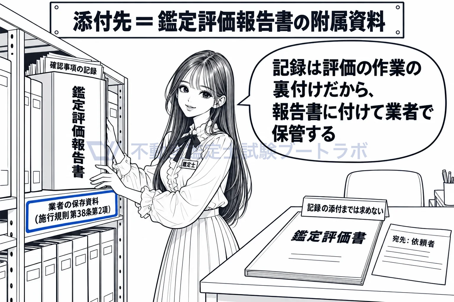 確認事項の記録の図解：記録は報告書に付けて業者で保管する。依頼者に渡す鑑定評価書に付けるとは定めていない。