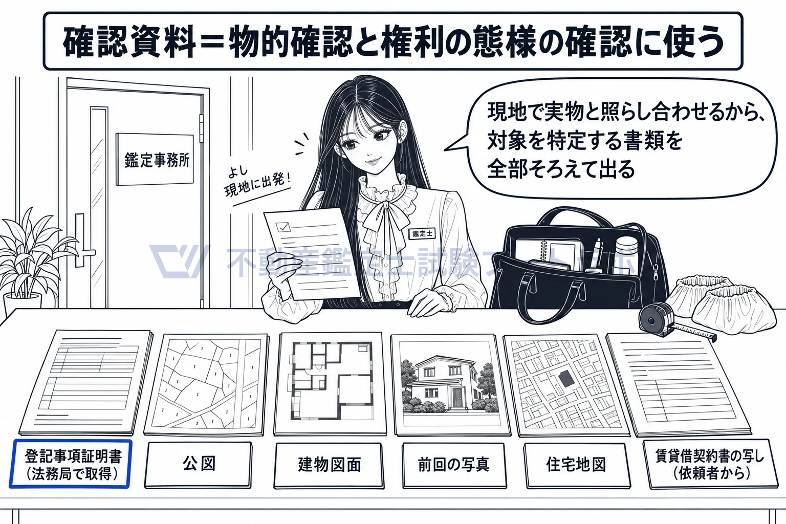 確認資料の図解：現地へ持って行く確認資料一式。登記事項証明書・図面・写真・地図で対象を照合する。