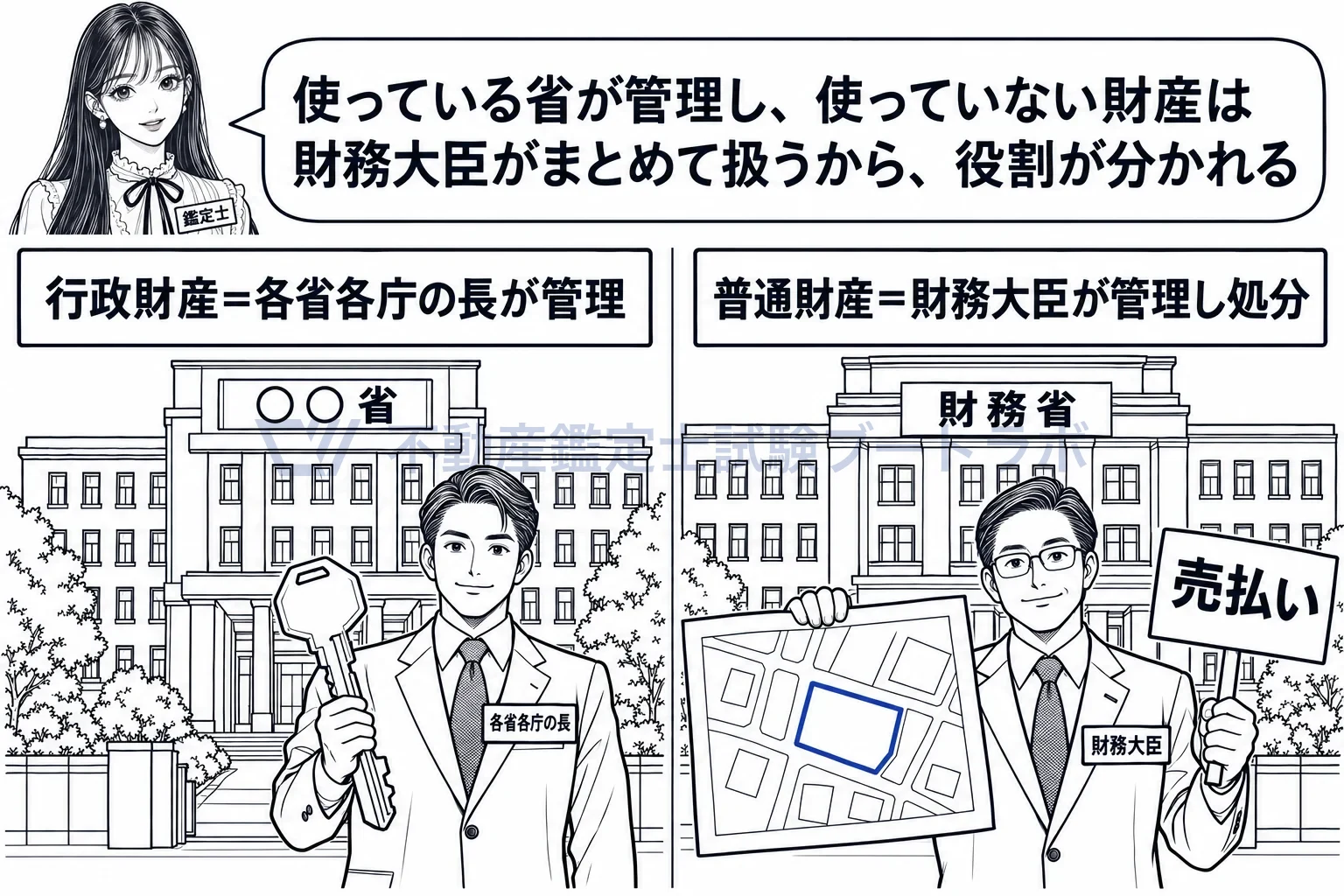 各省各庁の長の図解:使っている省が管理し、使っていない財産は財務大臣がまとめて扱う。