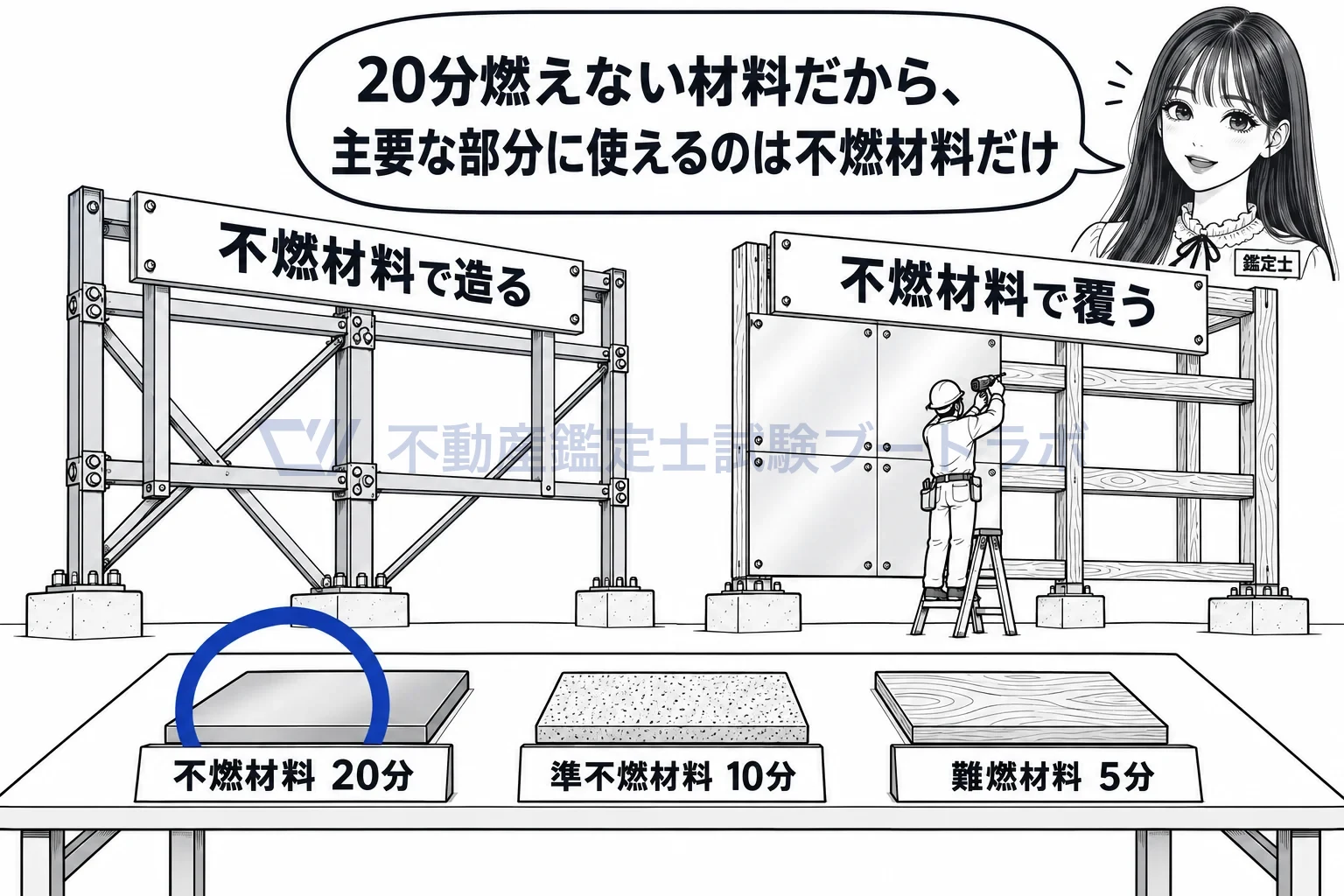 看板等の防火措置の図解：主要な部分を不燃材料で造るか、不燃材料で覆う。