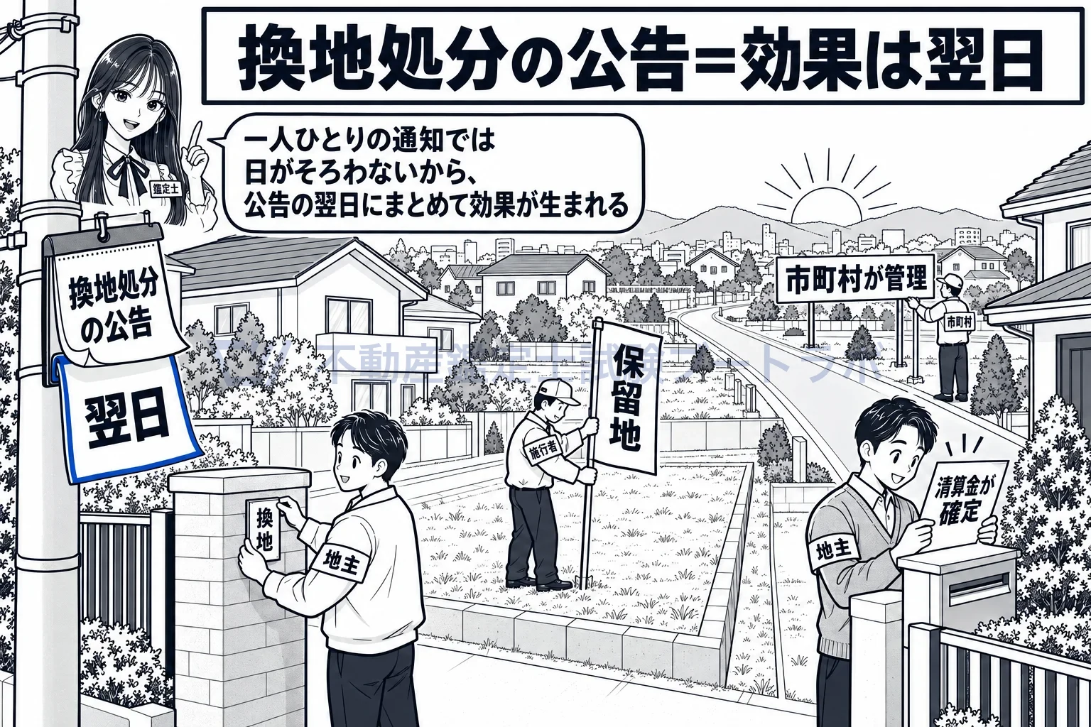 換地処分の公告の図解:公告の翌日の朝、換地・保留地・清算金・道路の管理がいっせいに切り替わる。
