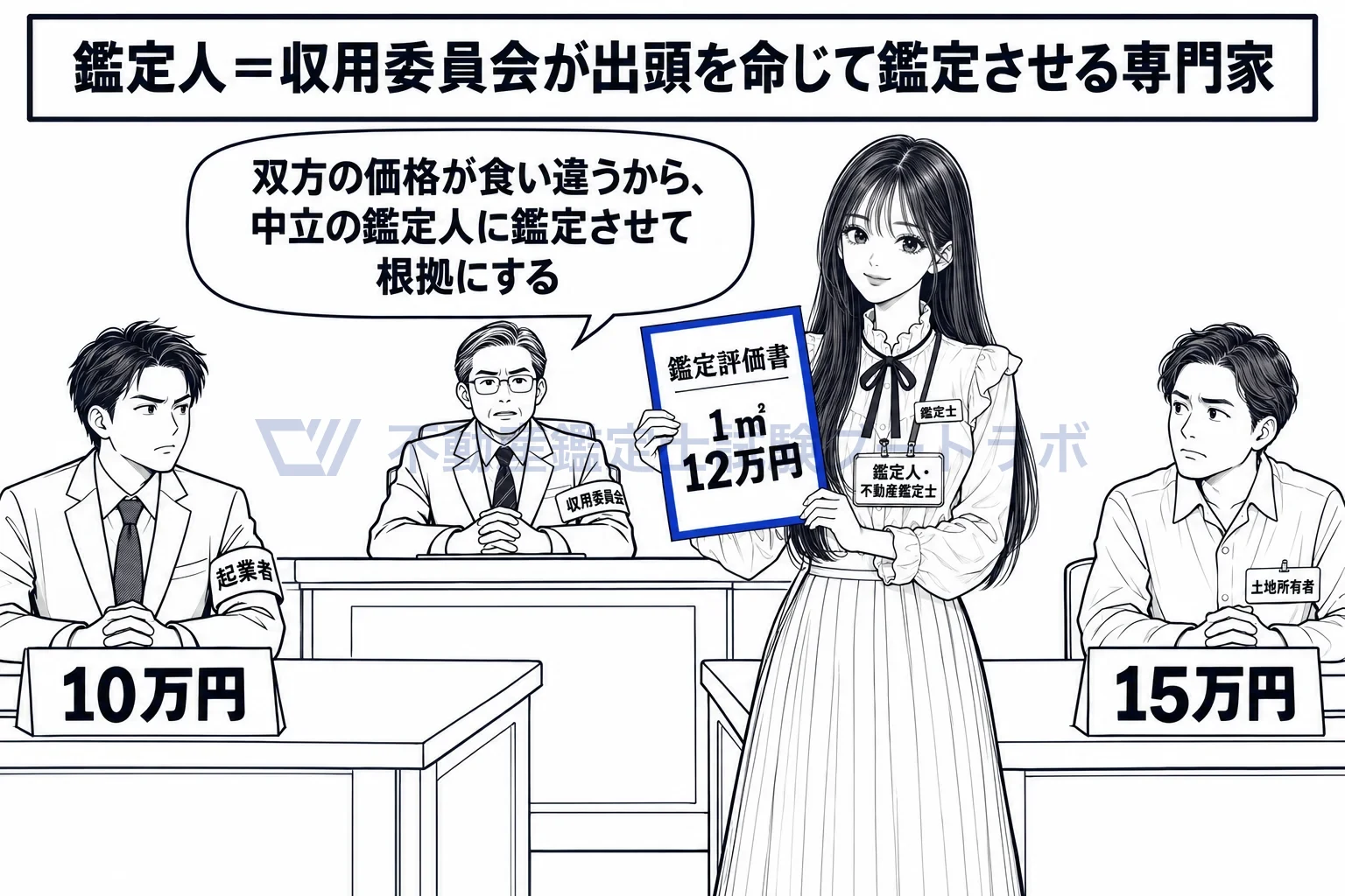鑑定人の図解:双方の価格が食い違うから、中立の鑑定人に鑑定させて裁決の根拠にする。