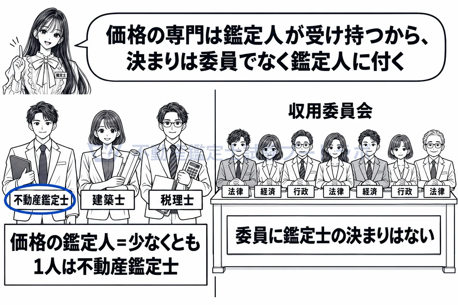 鑑定人の図解:決まりは委員でなく鑑定人に付く。価格の鑑定人は少なくとも1人が鑑定士。