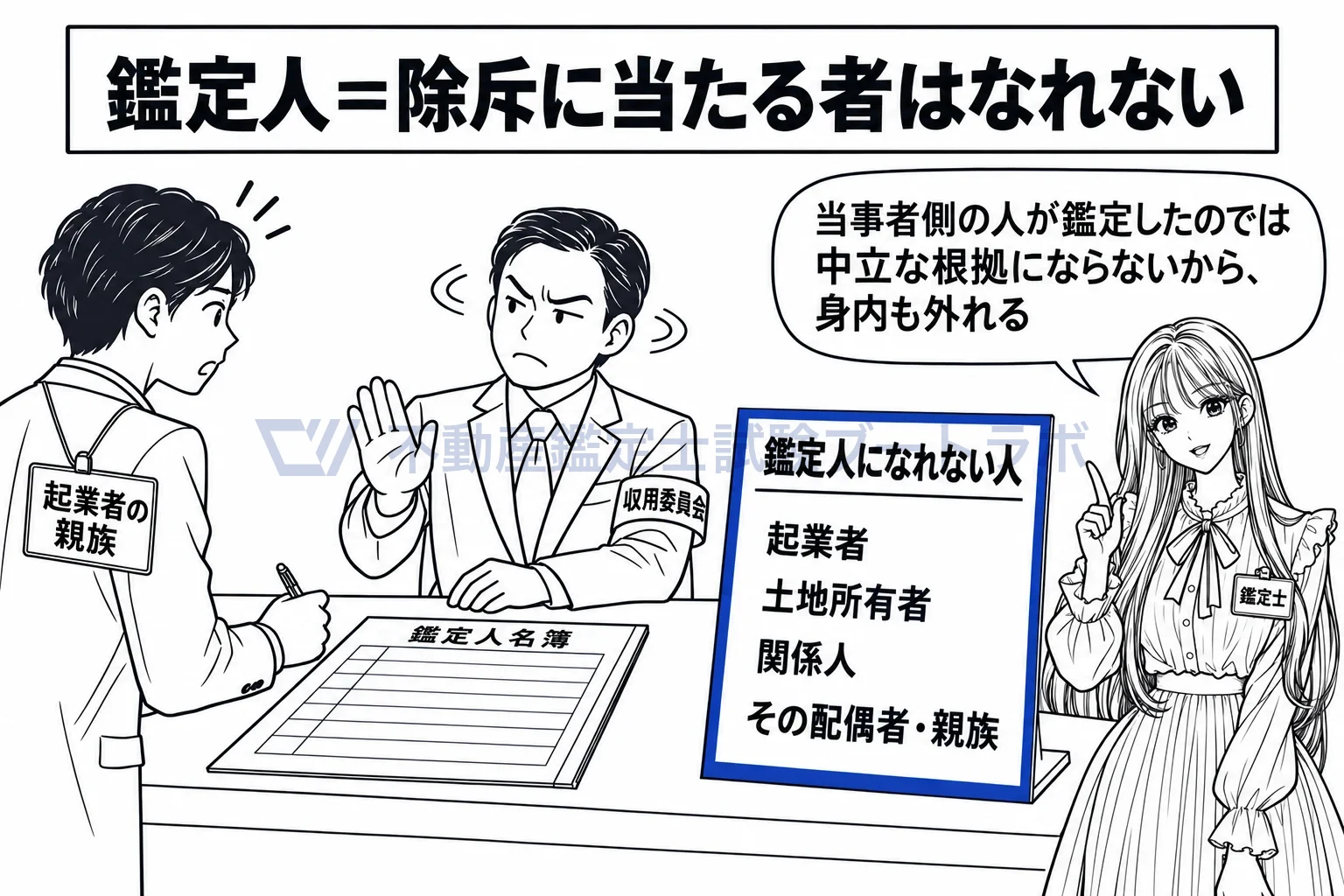 鑑定人の図解:当事者側の人が鑑定しては中立な根拠にならないから、身内も鑑定人になれない。