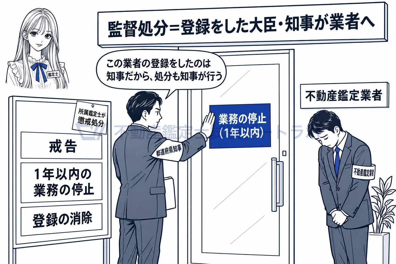 監督処分の図解:登録をした役所が、業者に戒告・停止・消除の処分をする。