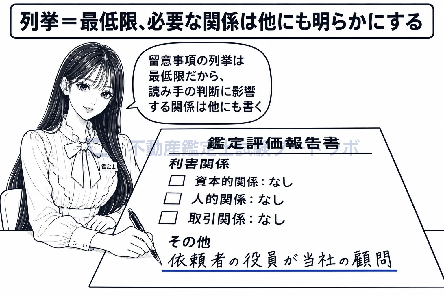 関与不動産鑑定業者の図解：列挙は最低限。判断に影響する関係は、その他の欄にも書く。