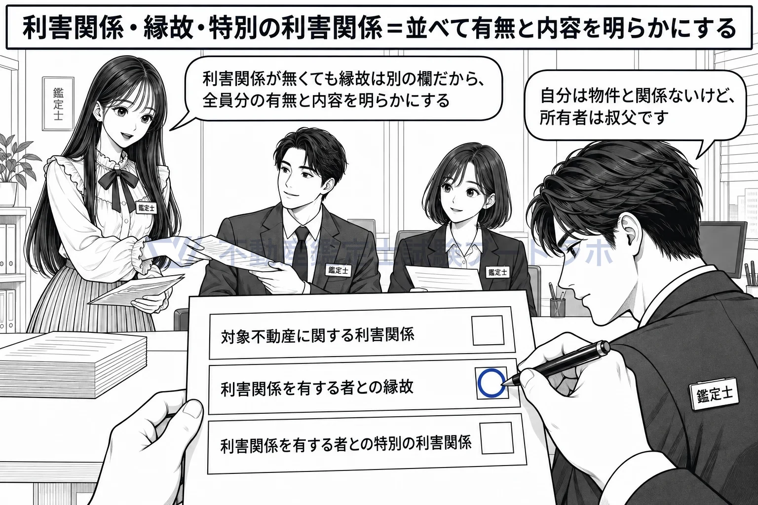 関与不動産鑑定士の図解:自分に利害関係がなくても、所有者との縁故は別の欄で確かめる。