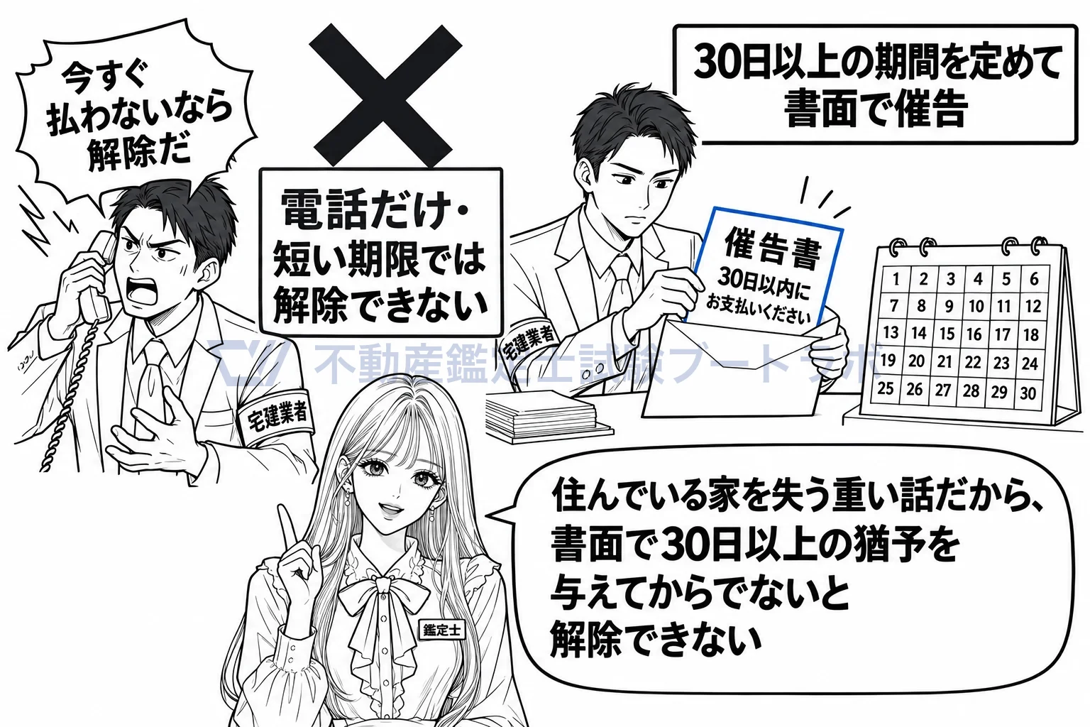 割賦販売の図解:解除の前に、30日以上の期間を書いた催告書を送る。