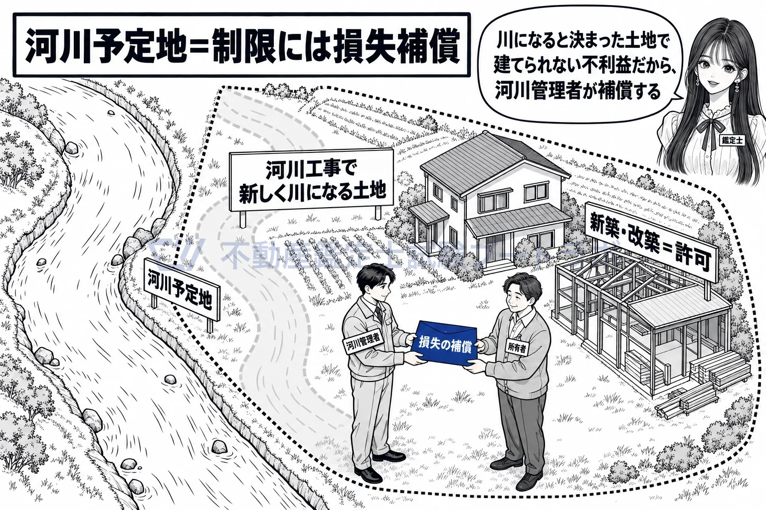 河川保全区域の図解：河川予定地は、これから川になる土地。制限の損失は補償される。