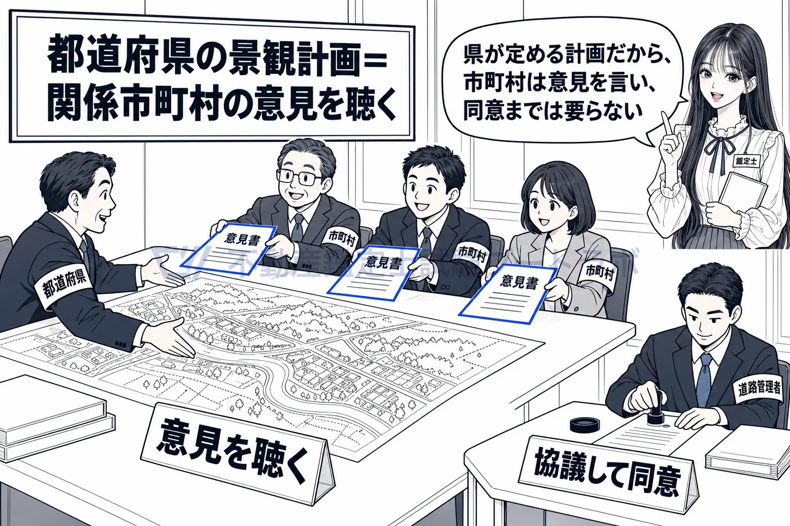 景観行政団体の図解:県が景観計画を定めるとき、市町村は意見を言う。同意までは要らない。