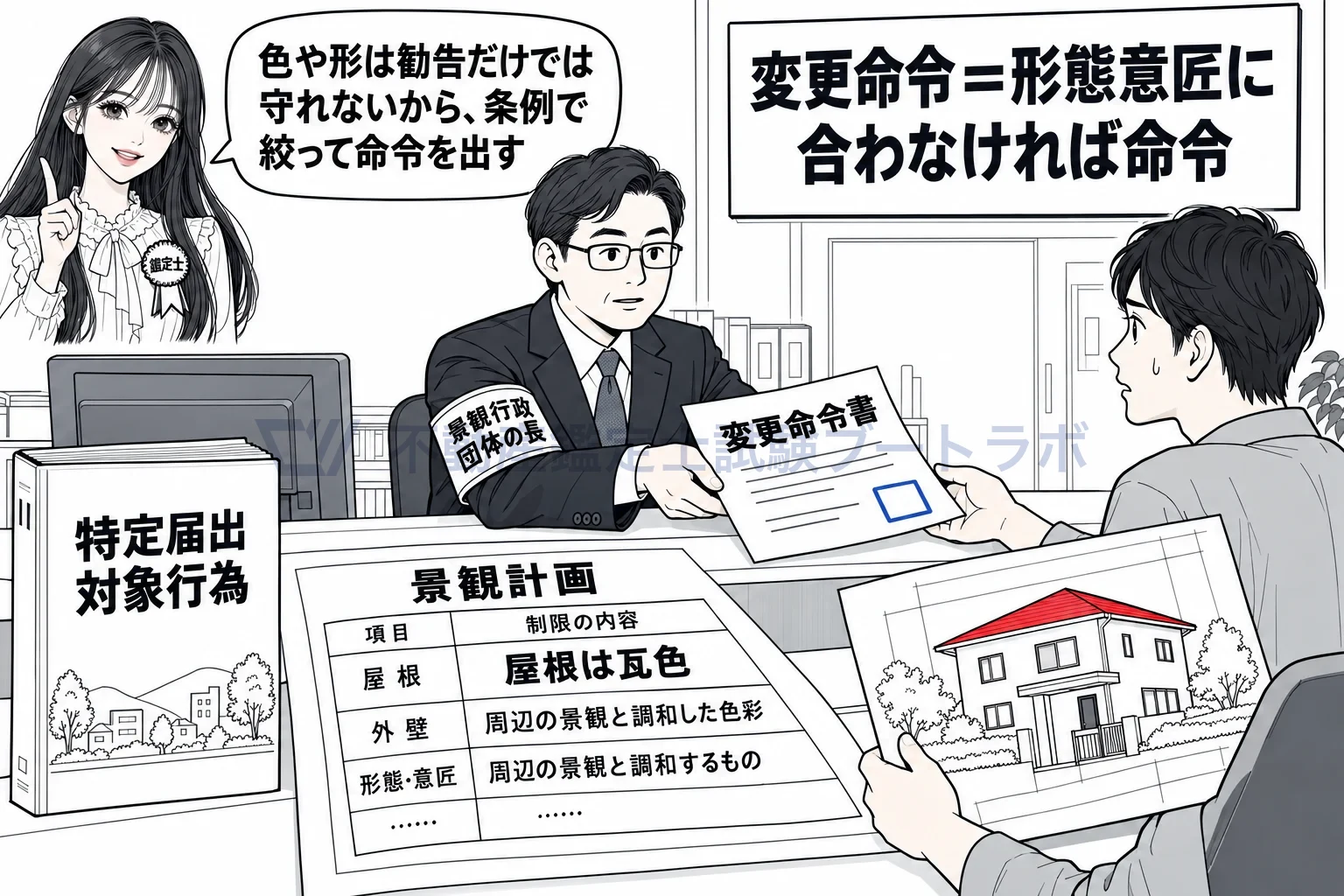 変更命令の図解:色や形は勧告だけでは守れないから、条例で絞って命令を出す。