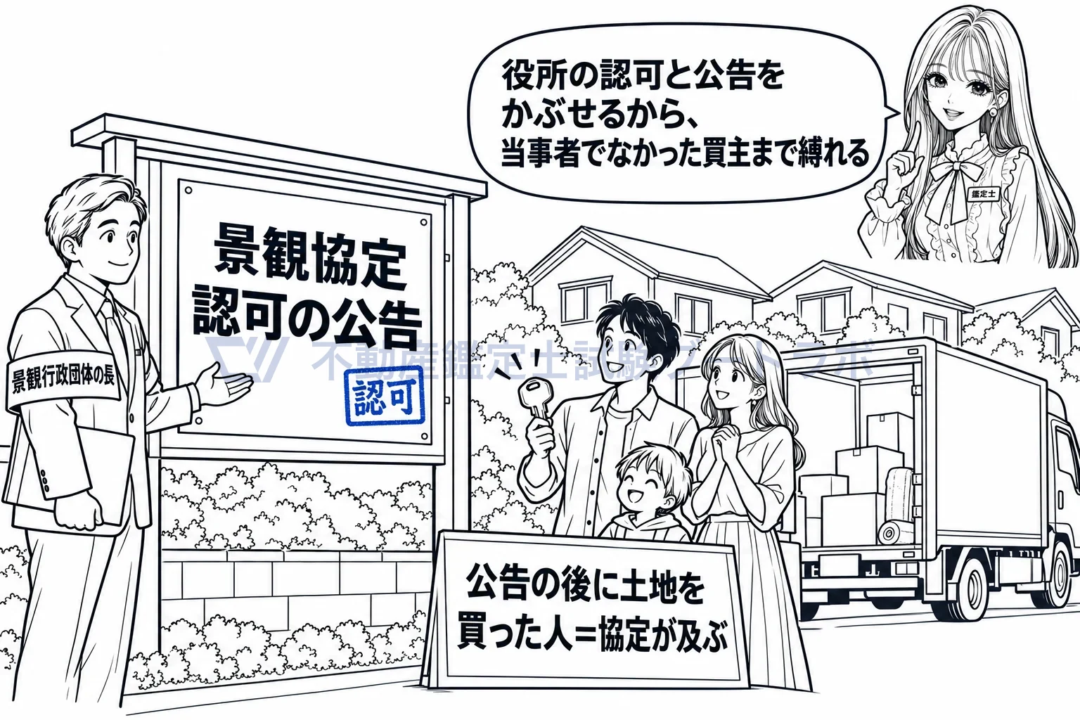 景観協定の図解:認可の公告があると、後から土地を買った人にも協定が及ぶ。